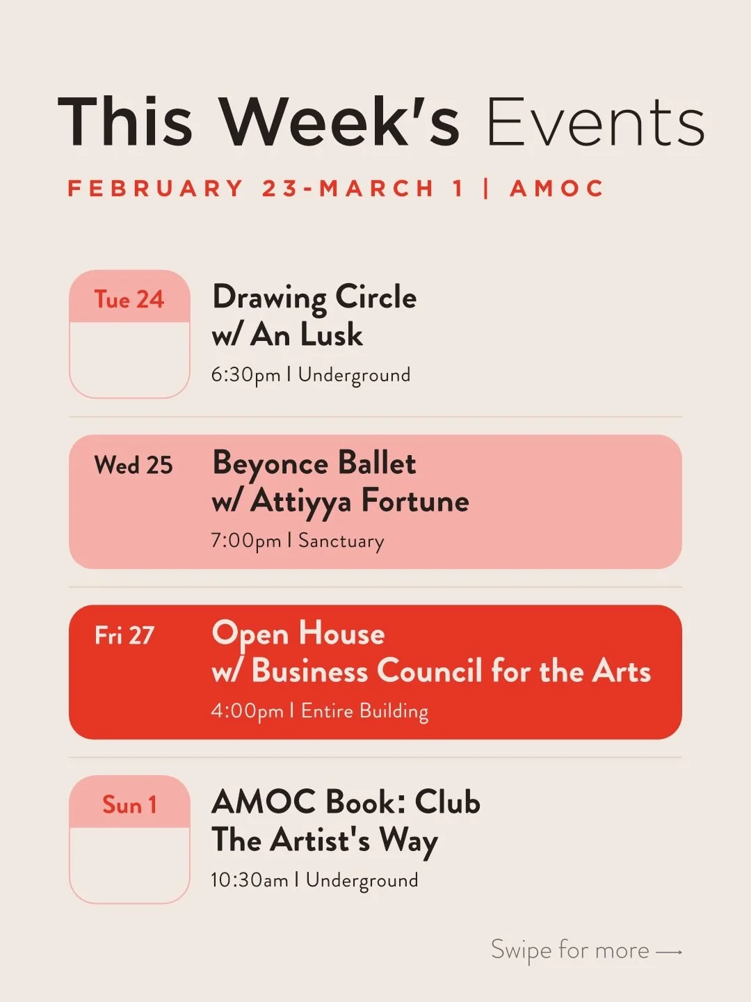 What&rsquo;s happening at AMOC this week.

Classes, rehearsals, conversations, and gatherings continue to shape the rhythm of the building. Some events invite you to learn something new. Others simply offer a place to arrive and be among artists.

He