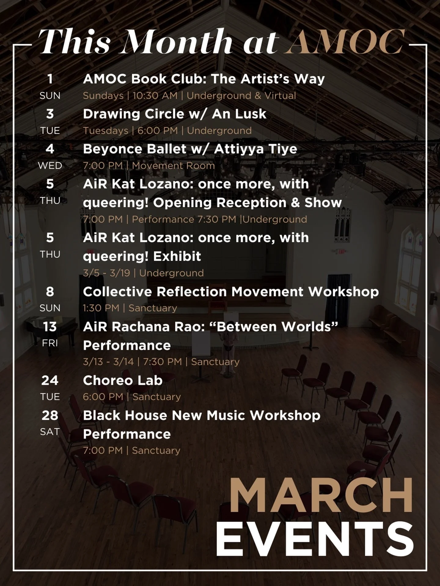 March at Arts Mission Oak Cliff.

Residencies come to a close. New work steps into the light. Workshops return us to practice. Conversations widen the circle.

From Between Worlds to SEEDS, from book club mornings to late-night performances, the buil
