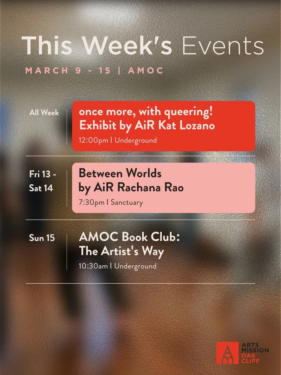 This week at Arts Mission Oak Cliff.

Kat Lozano&rsquo;s exhibit continues in the Underground, Rachana Rao&rsquo;s Between Worlds opens Friday, and the AMOC Book Club returns Sunday morning.

Join us if something here calls to you.
