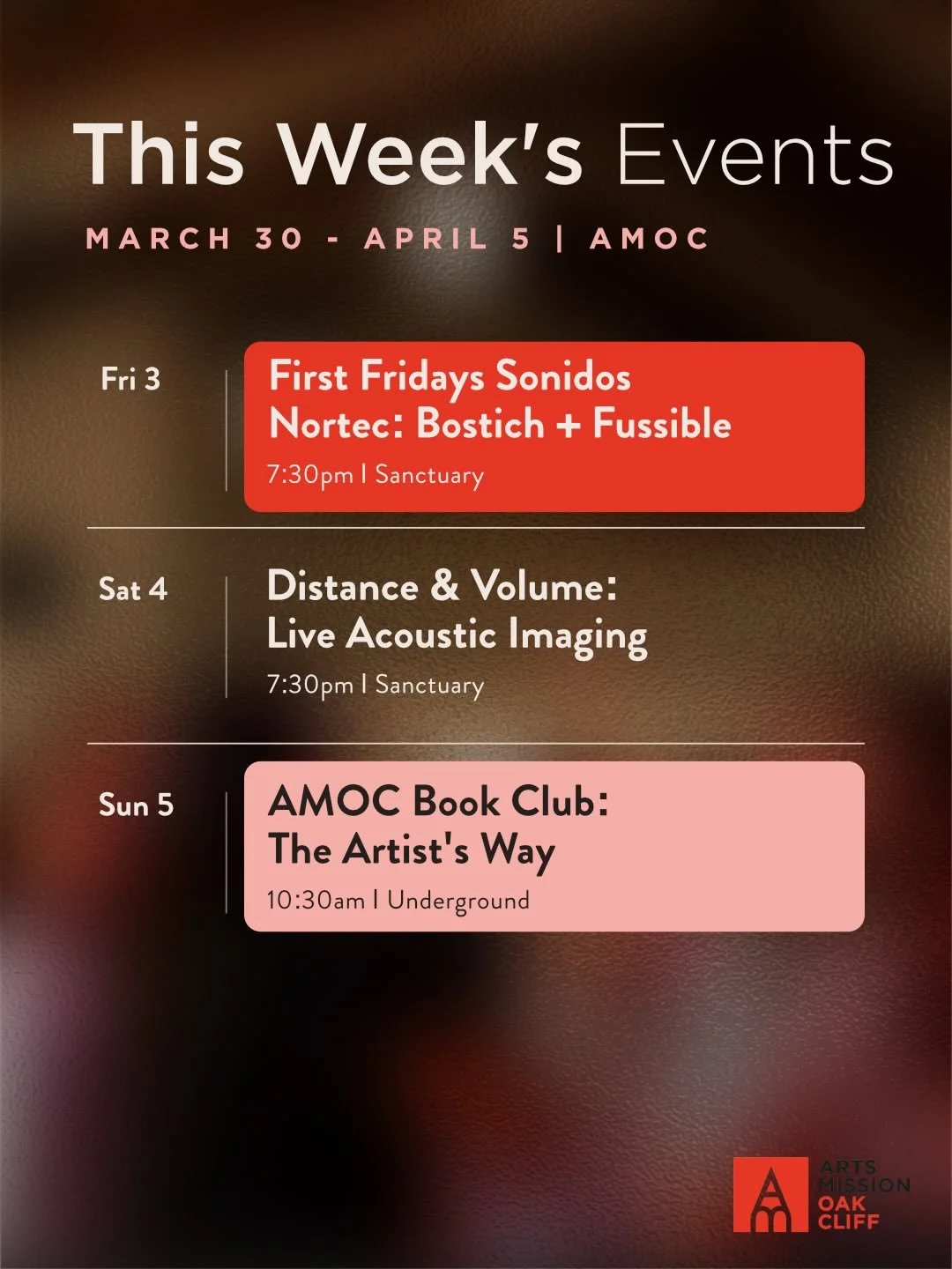 This week at Arts Mission Oak Cliff.

The first night of our First Fridays Sonidos Series is finally here. Co-presented by Chasquis Group, this series will showcase a featured Latin American artist on the first Friday of April, May, and June. Nortec:
