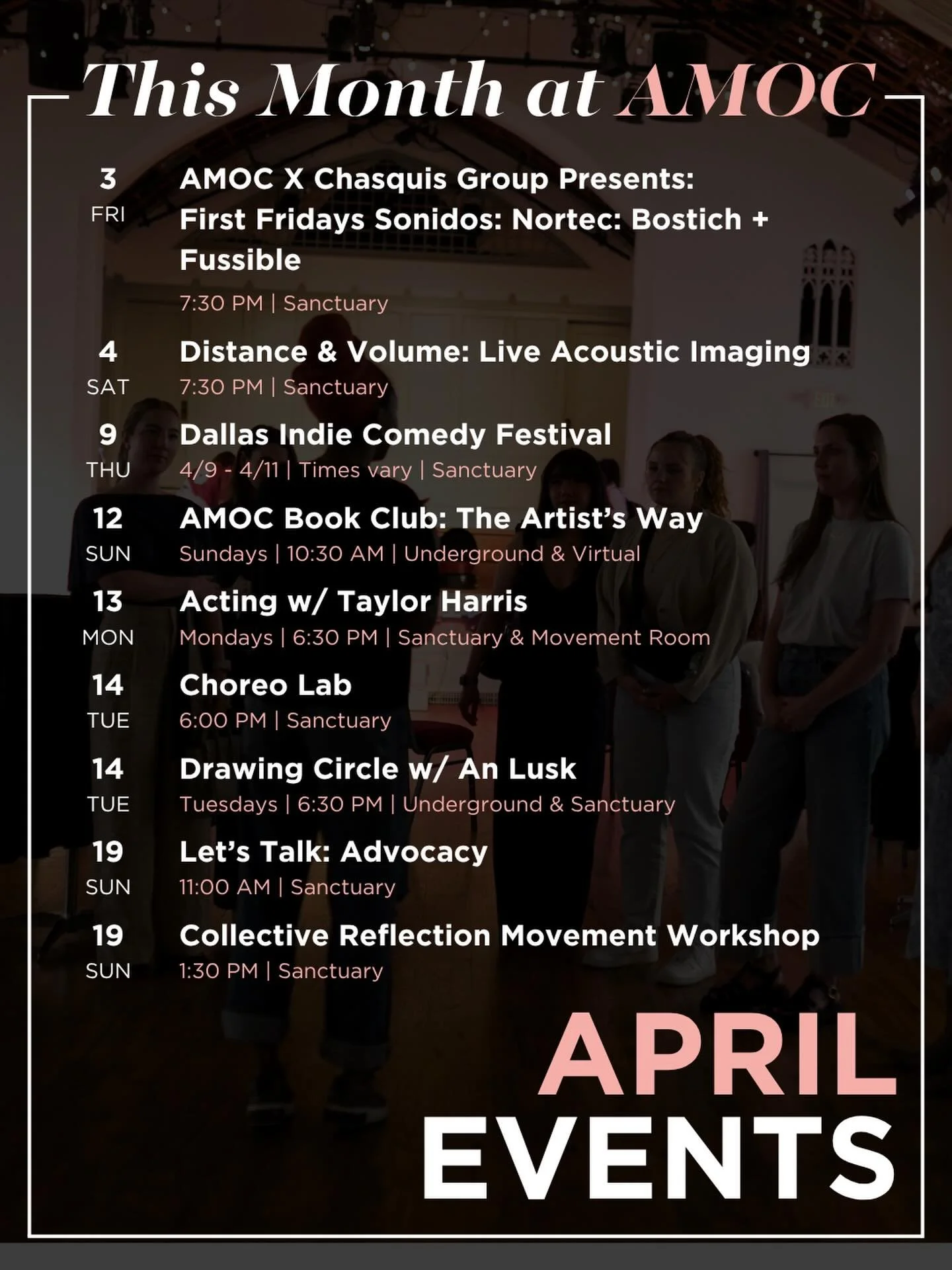 April at Arts Mission Oak Cliff.

A Latin music series debuts. A cozy live acoustic performance. A three-day comedy festival takes over the stage. And of course, Book Club continues.

Workshops and classes support your creative practice, while Let&rs