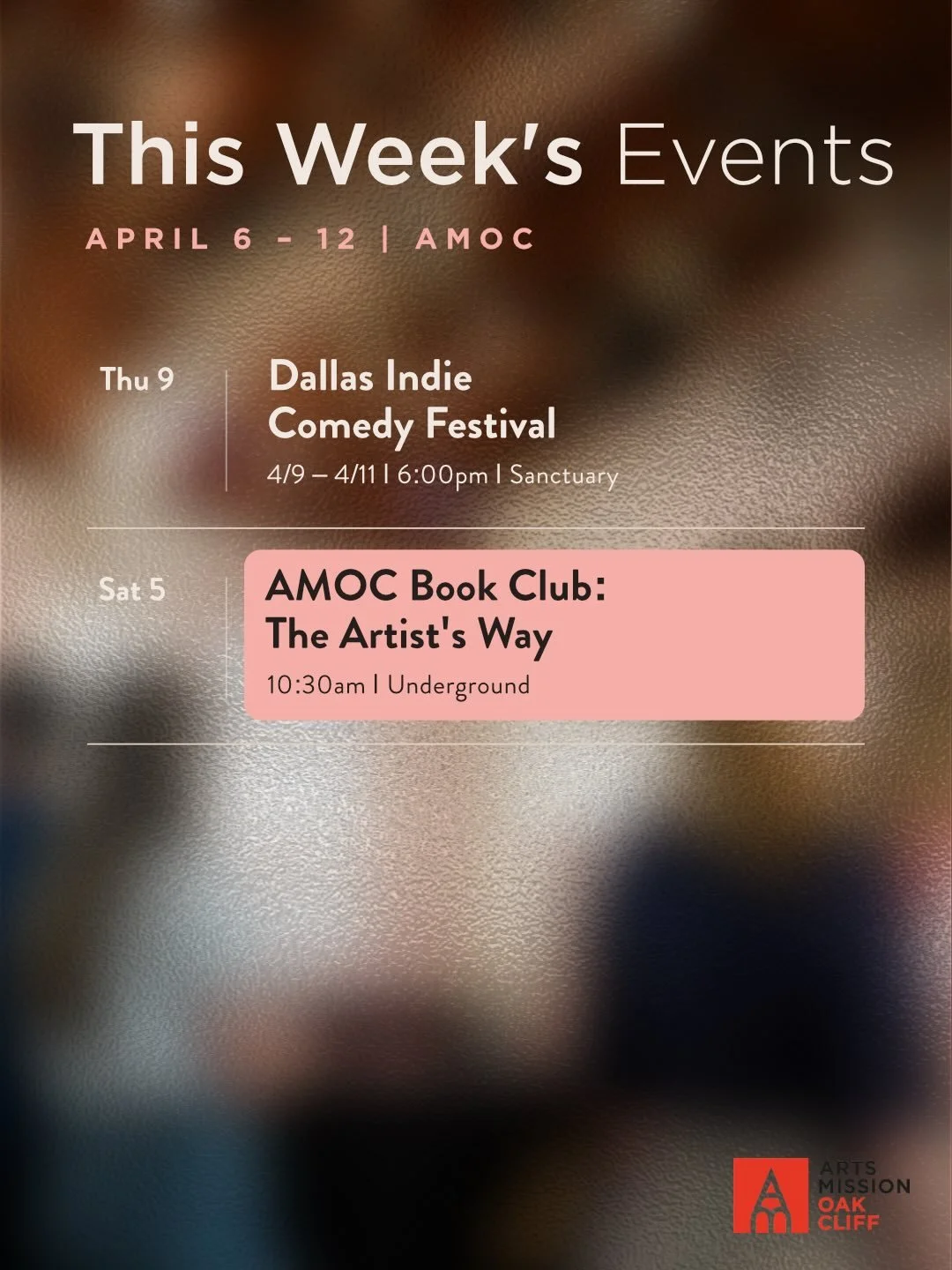 This week at Arts Mission Oak Cliff.

Clown performances. Musical Improv. Sketch comedy. The Dallas Indie Comedy Festival opens this Thursday at Arts Mission Oak Cliff. Come have a laugh with homegrown talent and comedians from all over the country. 