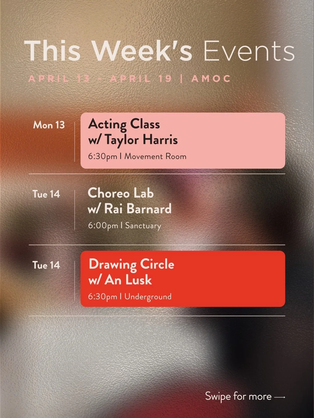 This week at AMOC we have two classes starting this week, two opportunities for movement, and our Arts Advocacy town hall!

We hope to see you soon!