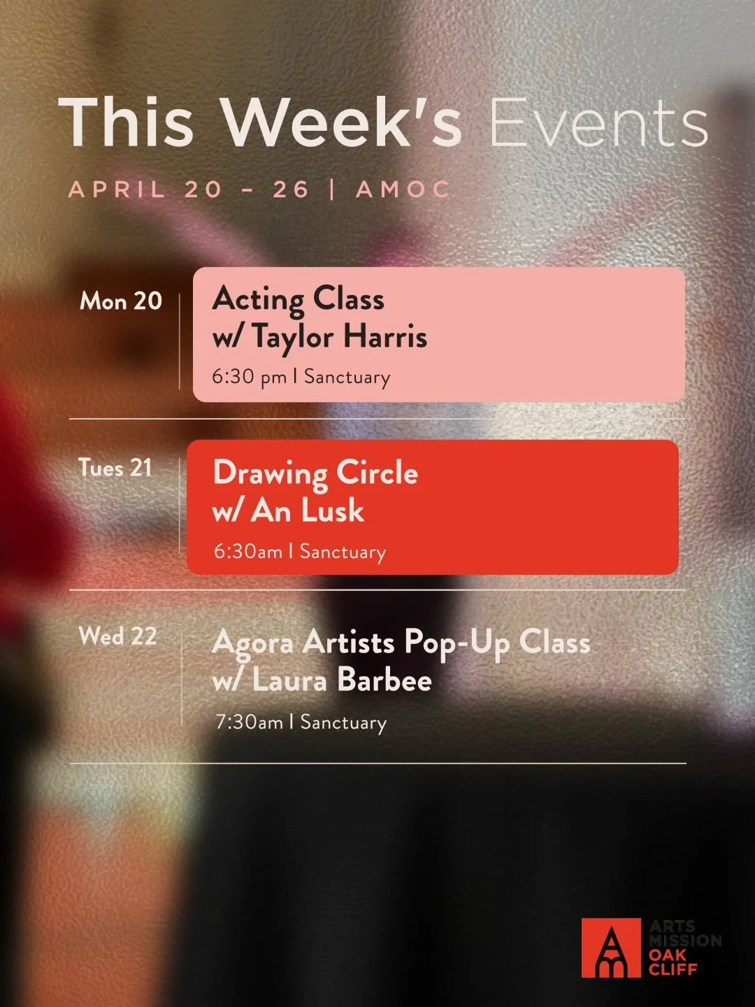 This week at Arts Mission Oak Cliff.

Step into a week of movement, creativity, and community with classes and showcases. Acting Class with Taylor Harris returns, welcoming working actors ready to sharpen their craft. On Tuesday, join An Lusk for Dra