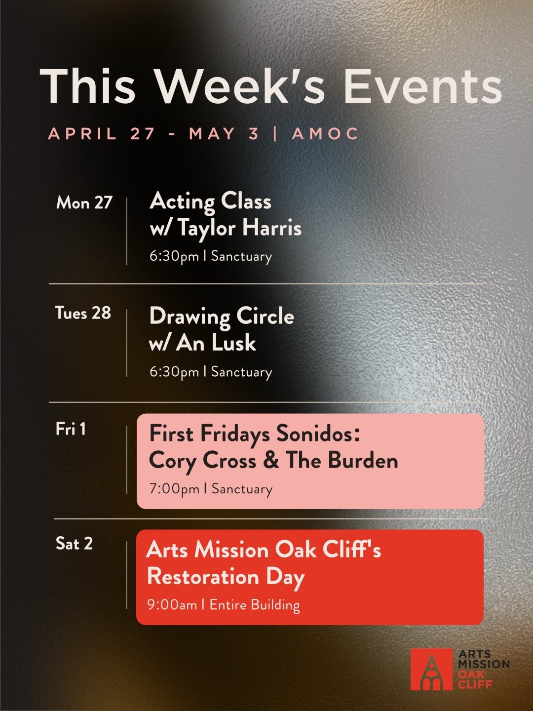 This week at Arts Mission Oak Cliff.

There&rsquo;s plenty to gather around as we close out April and welcome May.

Acting Class with Taylor Harris continues Monday for professional actors, followed by Drawing Circle with An Lusk on Tuesday.

On Frid
