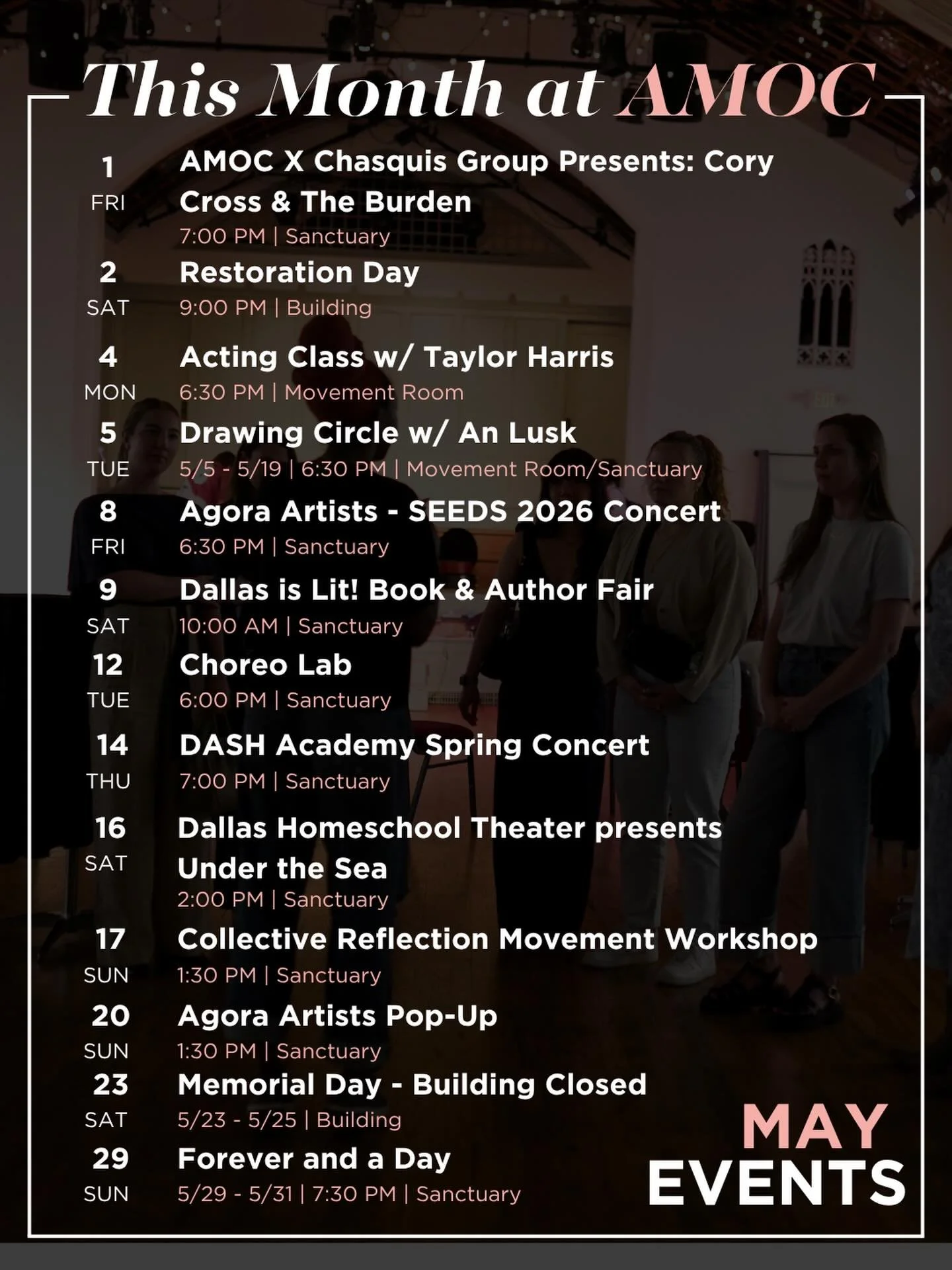May at Arts Mission Oak Cliff.

From workshops to performances, there&rsquo;s something for everyone this month. First, we kick off with the second installment of First Fridays Sonidos, followed by Restoration Day. SEEDS showcases its 2026 Concert, a