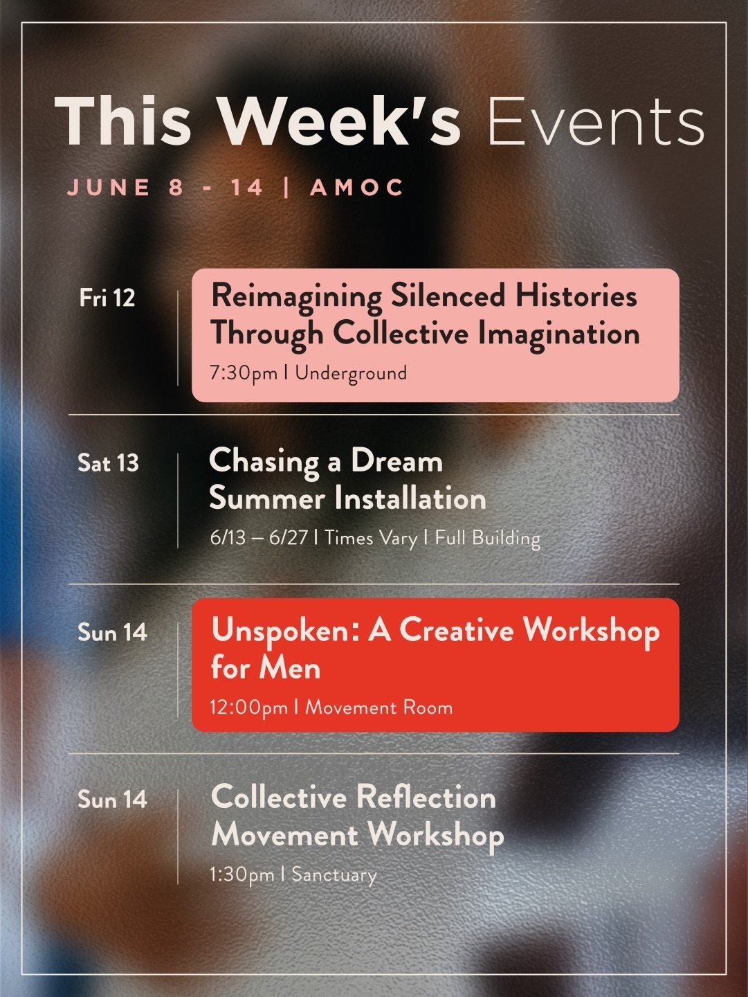 From another weekend of AiR offerings from our summer residents to a brand new immersive (and we mean IMMERSIVE) building-wide art installation, here&rsquo;s what&rsquo;s happening at AMOC this week.