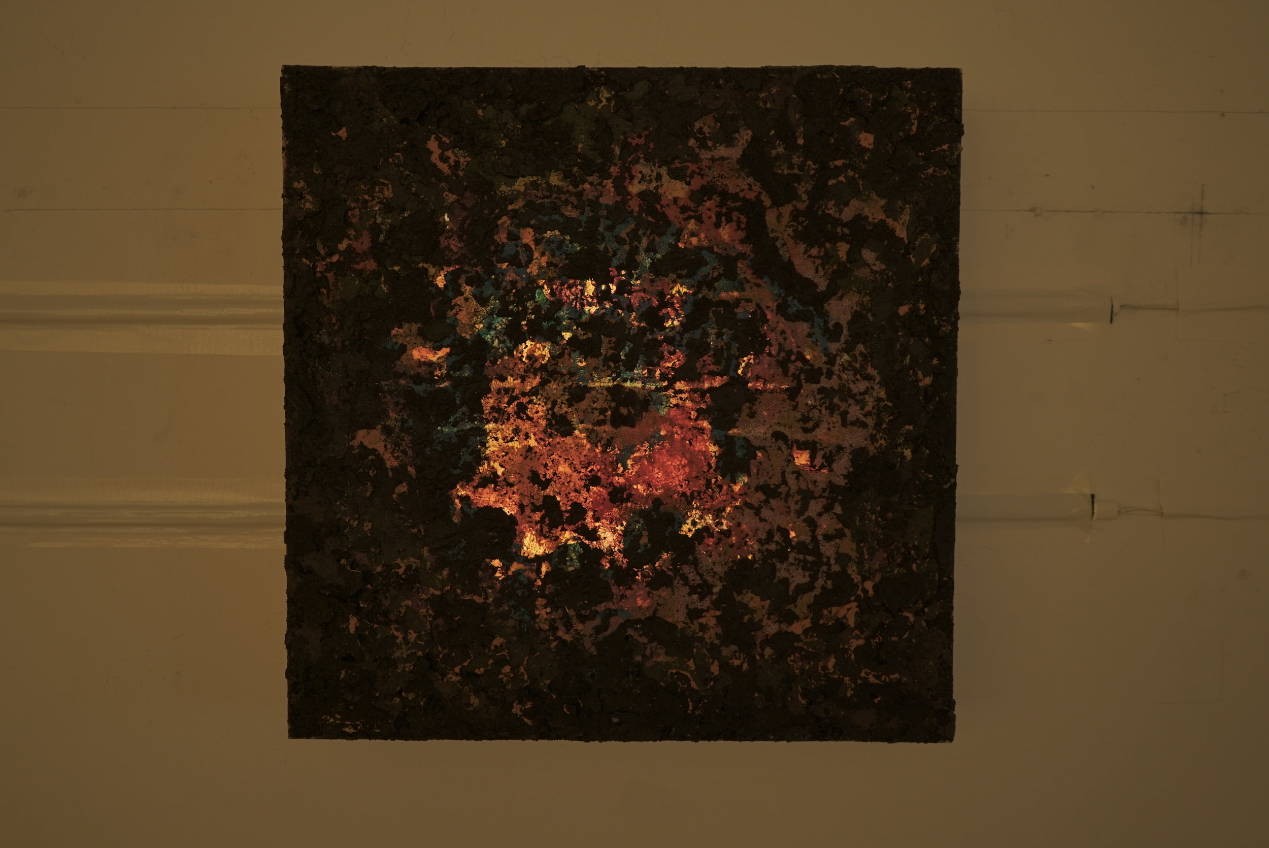  May 2018. 16”x16” acrylic on silkscreen. Detail, south wall. Olive Tjaden Gallery. Ithaca, NY. 
