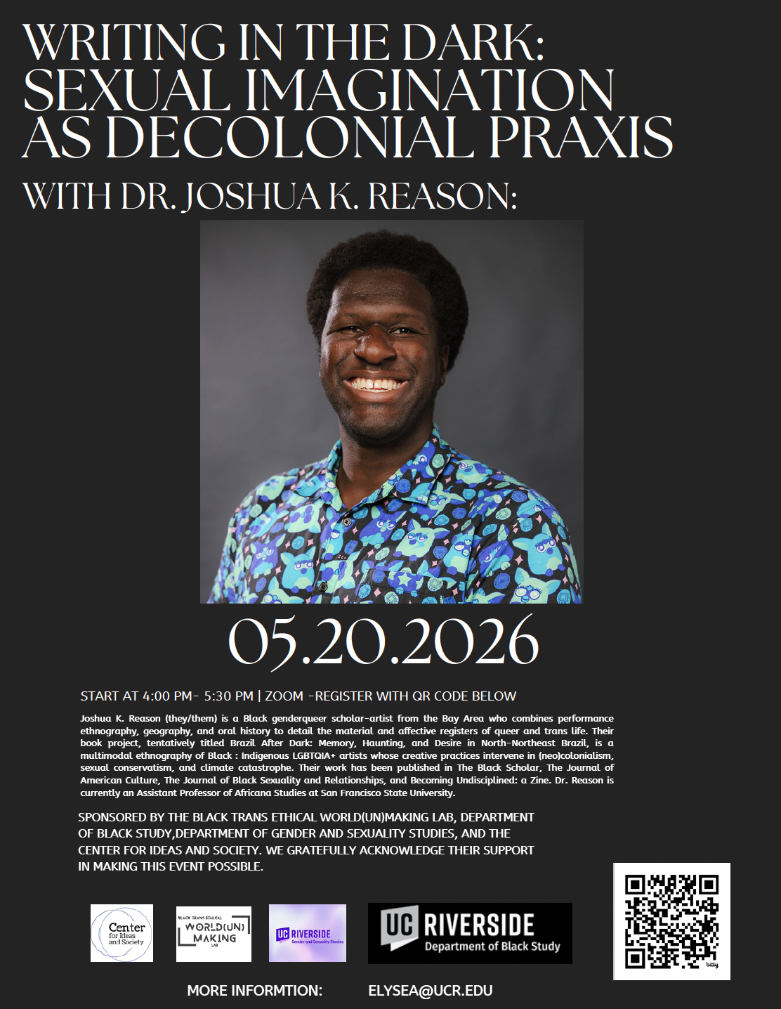 Picture of black person in a bright colored t-shirt with the title of the event and their bio, as well as co-sponsors of the event