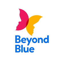 Logo with two butterfly wings forming faces in pink and yellow above the words 'Beyond Blue' in blue text.
