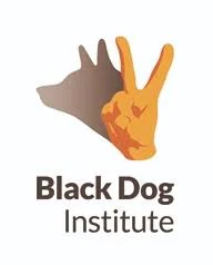 A logo featuring a brown dog paw and an orange right hand making a peace sign, with the text "Black Dog Institute" below.