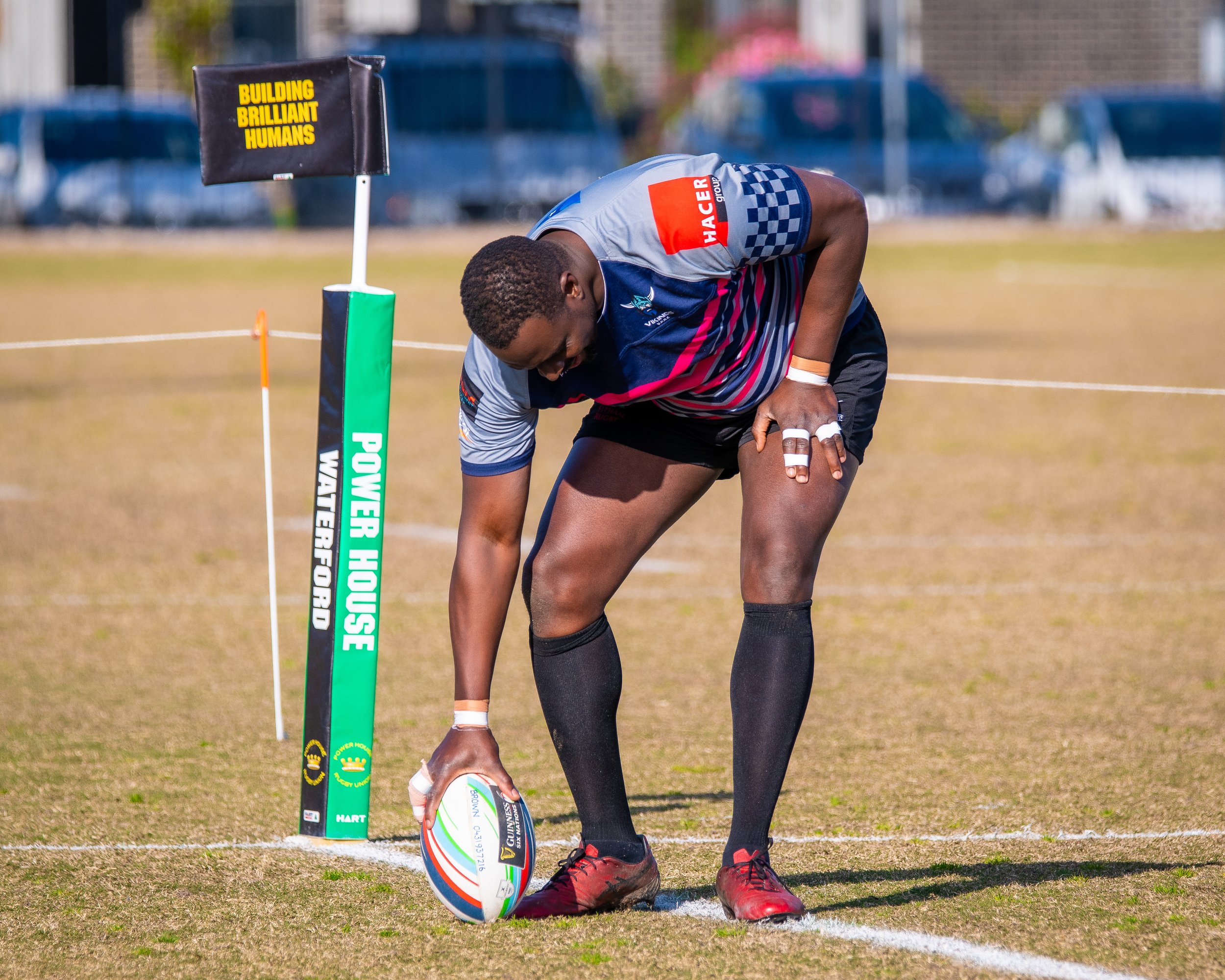 A rugby player in a blue and gray uniform bending down to place a rugby ball on the ground, near a corner flag on a grass field.