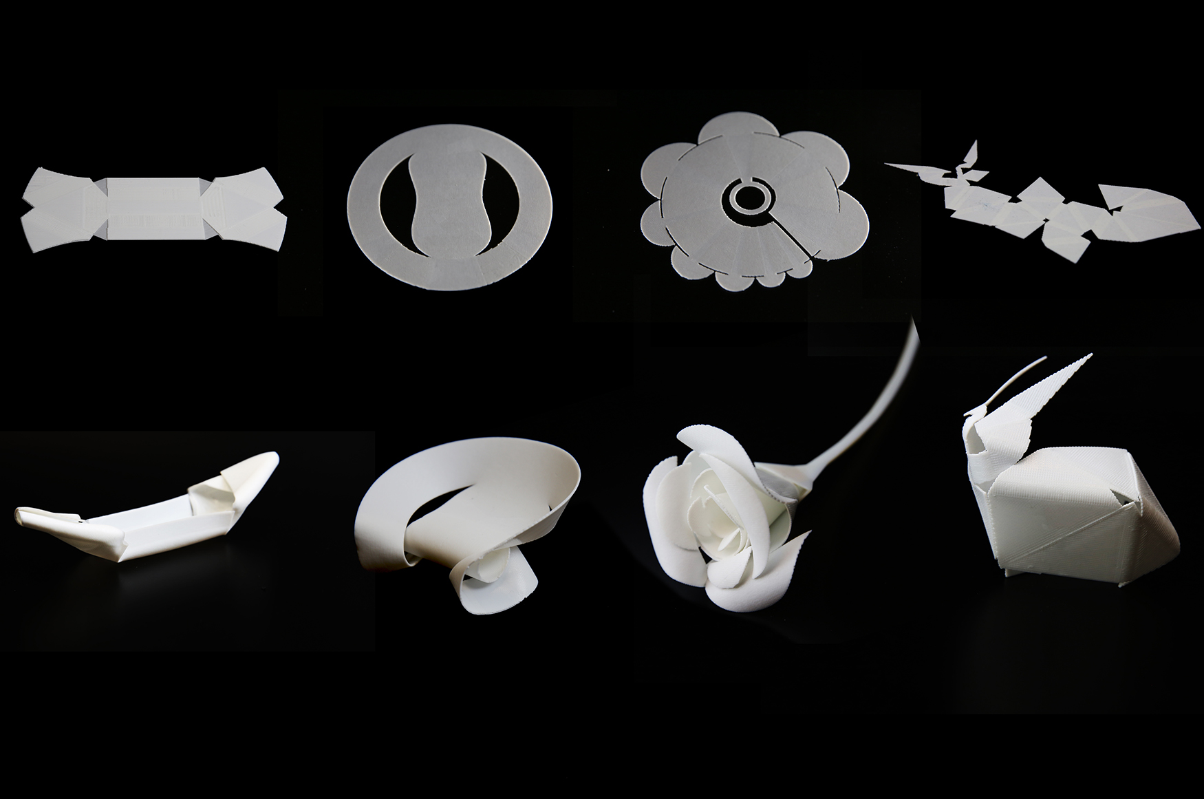 Programmable and 4D printed self-folding: boat, chair, rose, bunny