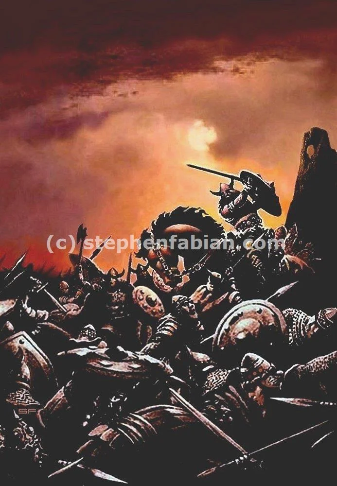 This unpublished painting from Fabian is entitled "Battle." It could depict several battles of the First Age where the Dunedain fought against the minions of Morgoth.
