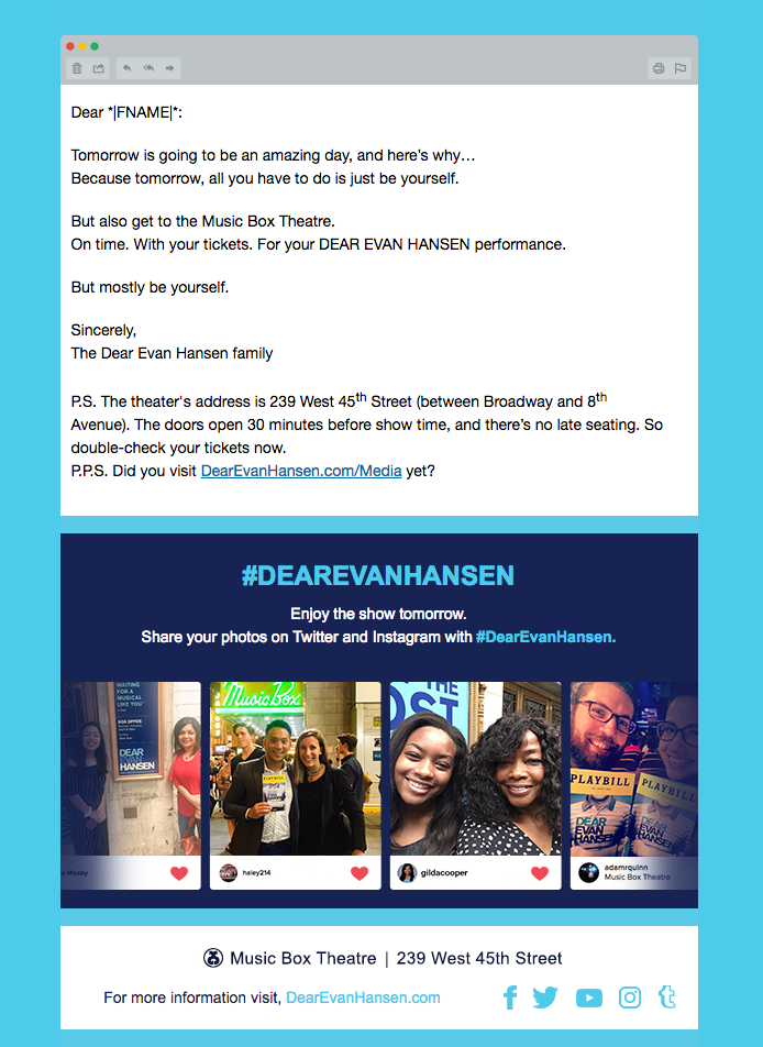 DEAR EVAN HANSEN’s pre-show email I wrote.