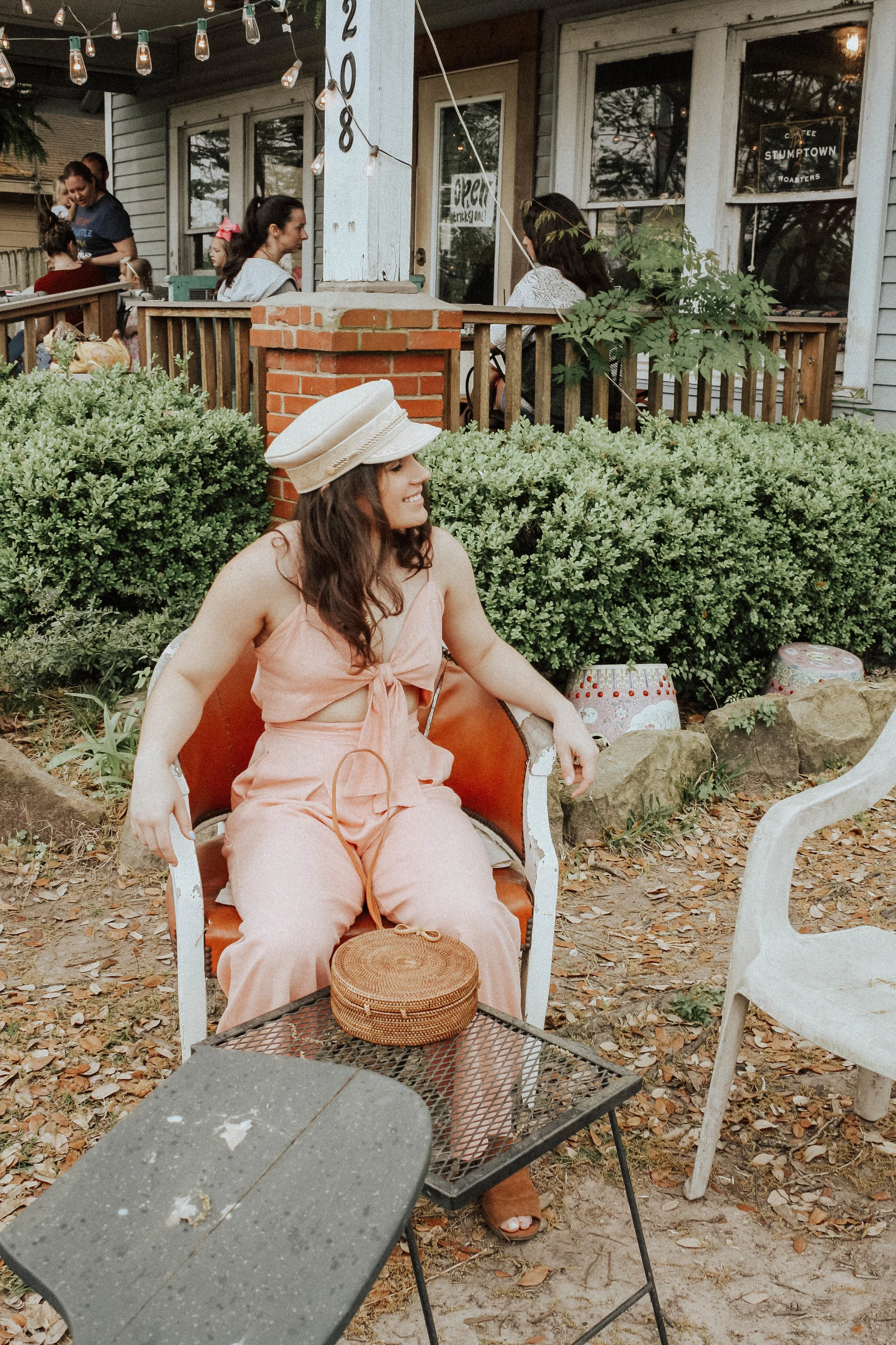 Jumpsuit: Moon River; Purse: Cleobella; Hat: Lack of Colors