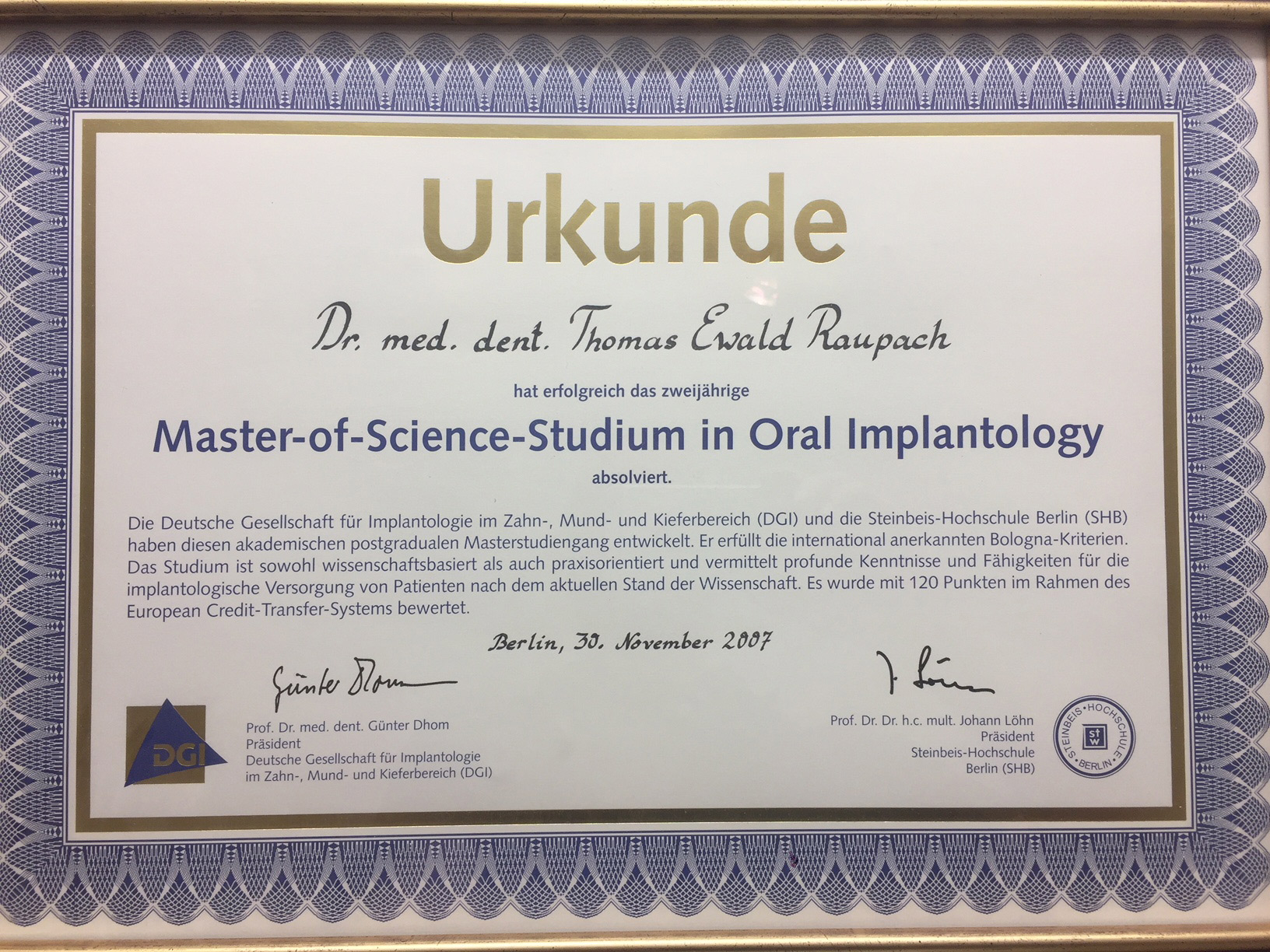 Master of Science Orlae Implantologie und Parodontologie