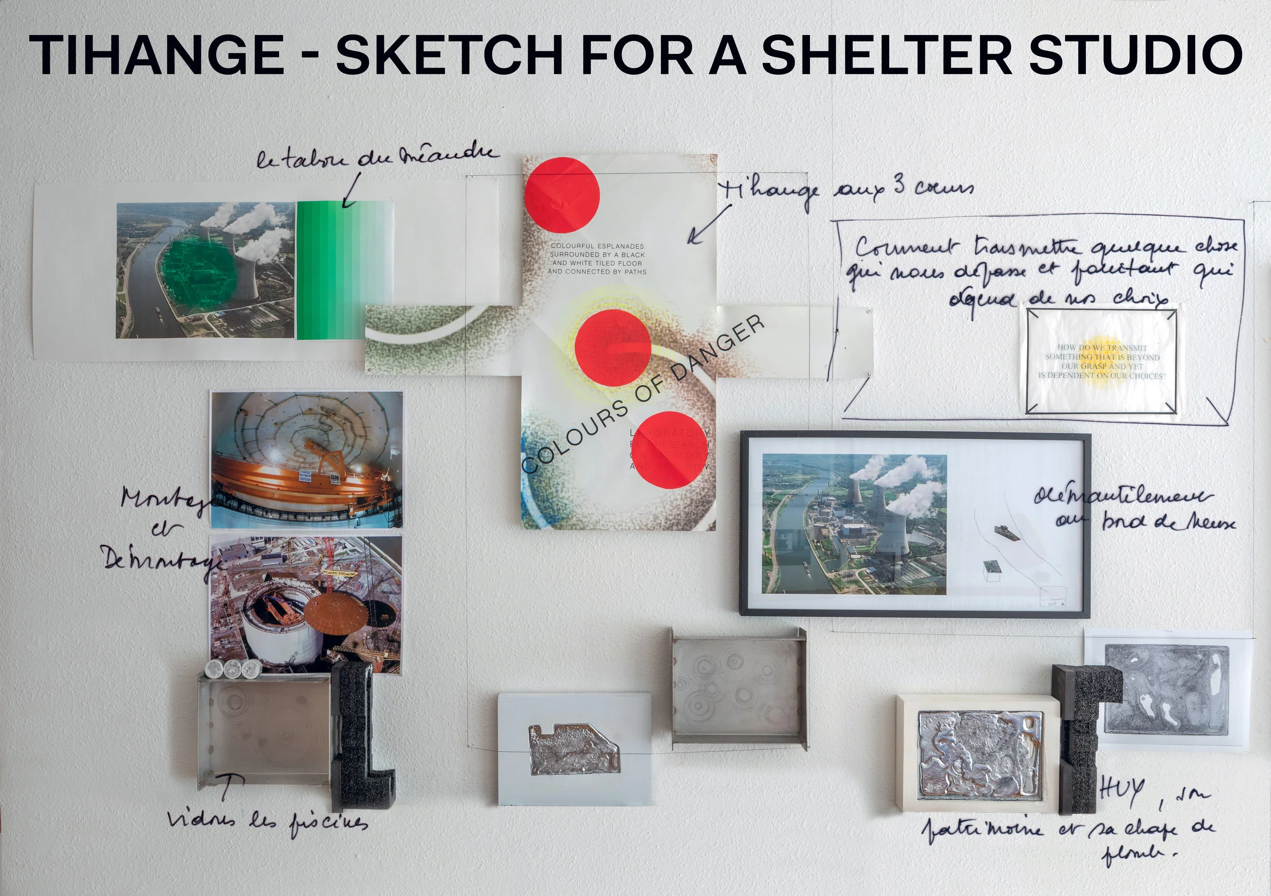 Exposition RESISTANCE , Centrale for Contemporary Art, Bruxelles, 2018. Double page éditée dans le journal RESISTANCE pour l’installation Tihange - Sketch for a Shelter Studio .