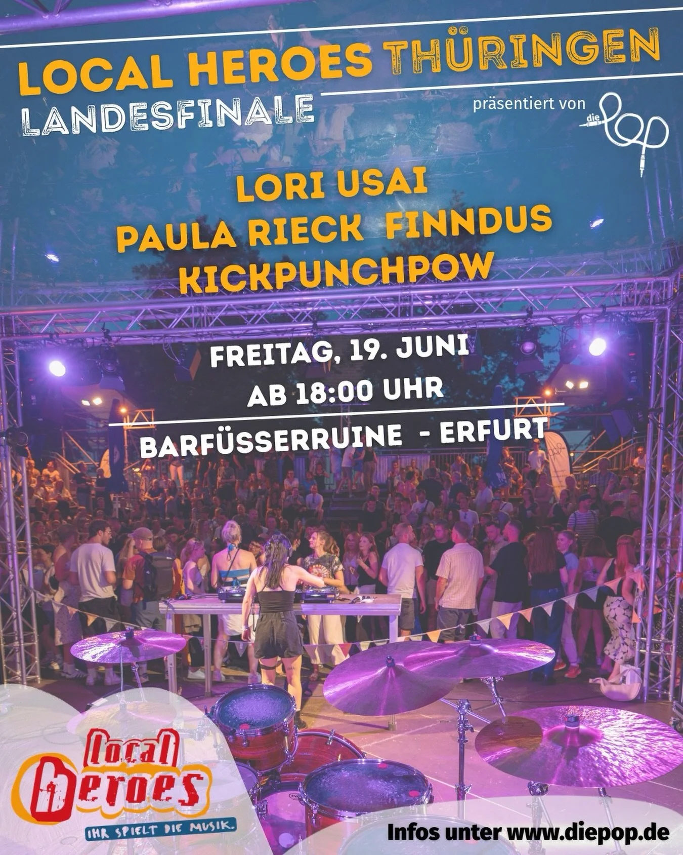 Wir freuen uns riesig, die 4 Finalist*innen des @localheroes_de Landesfinales bekannt geben zu d&uuml;rfen!🎉

Mit dabei sind:
@loriusigh 
@_paularieck_ 
@finndus_music 
@kickpunchpow 

Am 19.06. ab 18 Uhr stehen die vier Acts live auf unserer B&uuml