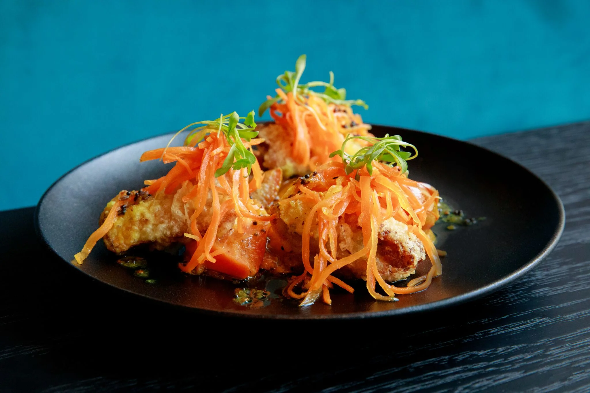 Tempura Inari, Moong Dhal, Sweet and Sour Tomatoes, Turmeric Carrot Kraut