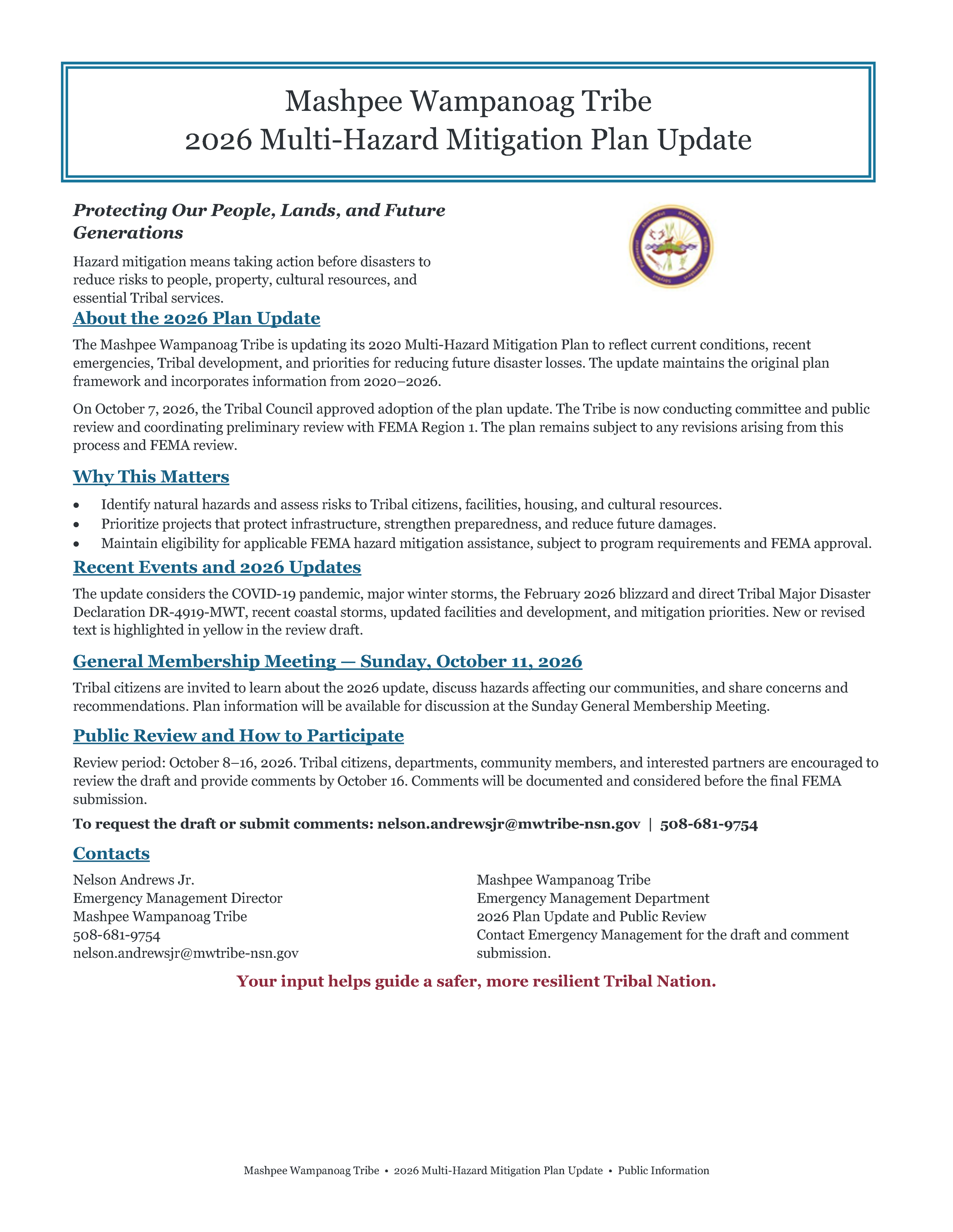 COMMUNITY REVIEW PERIOD IS NOW OPEN FOR THE Mashpee Wampanoag Tribe 2026 Multi-Hazard Mitigation Plan Update