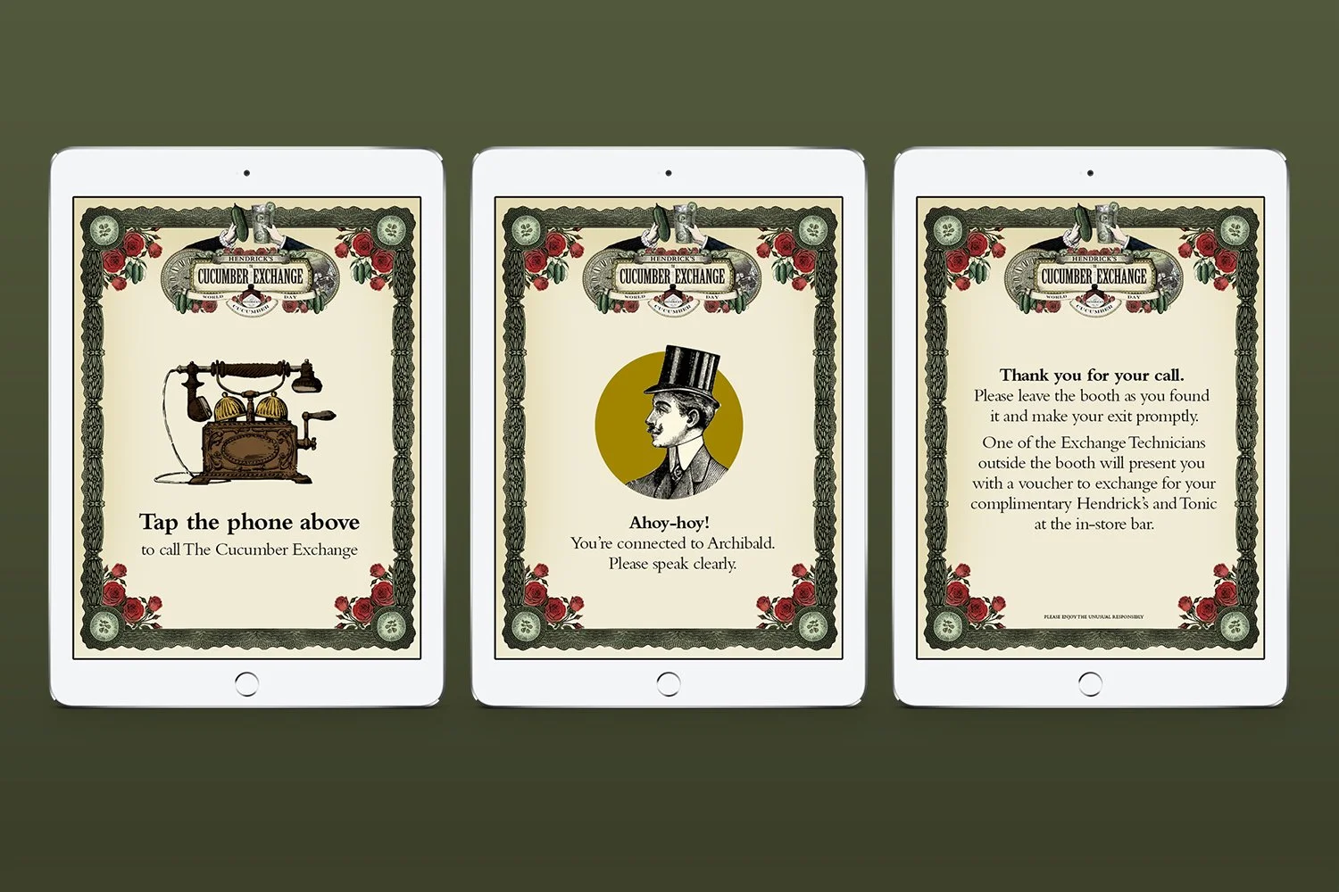 Hendrick's Gin – phone booth screen prompts for World Cucumber Day