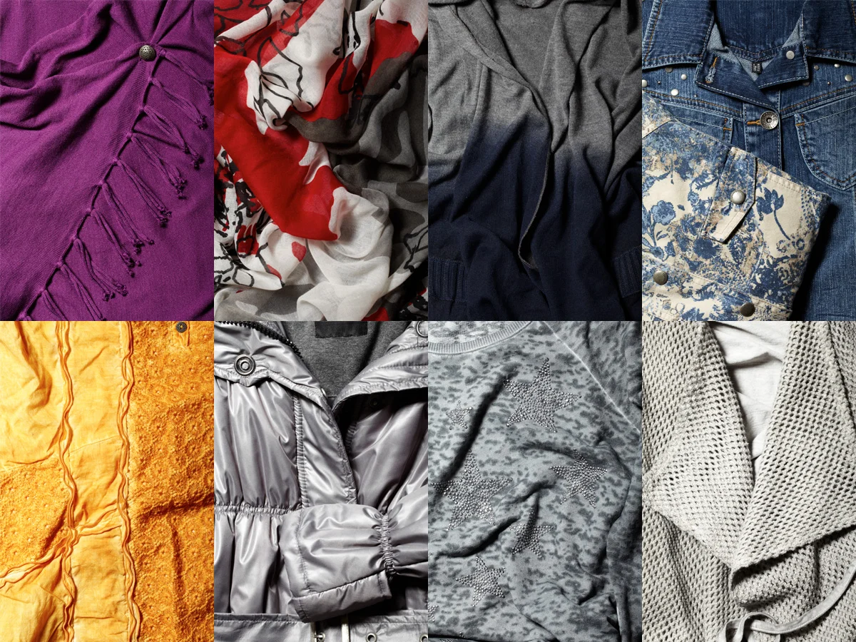 Collage of finished premium garments, outerwear, and textured fabrics managed by Moteks for rapid near-shoring shipment to European fashion brands.