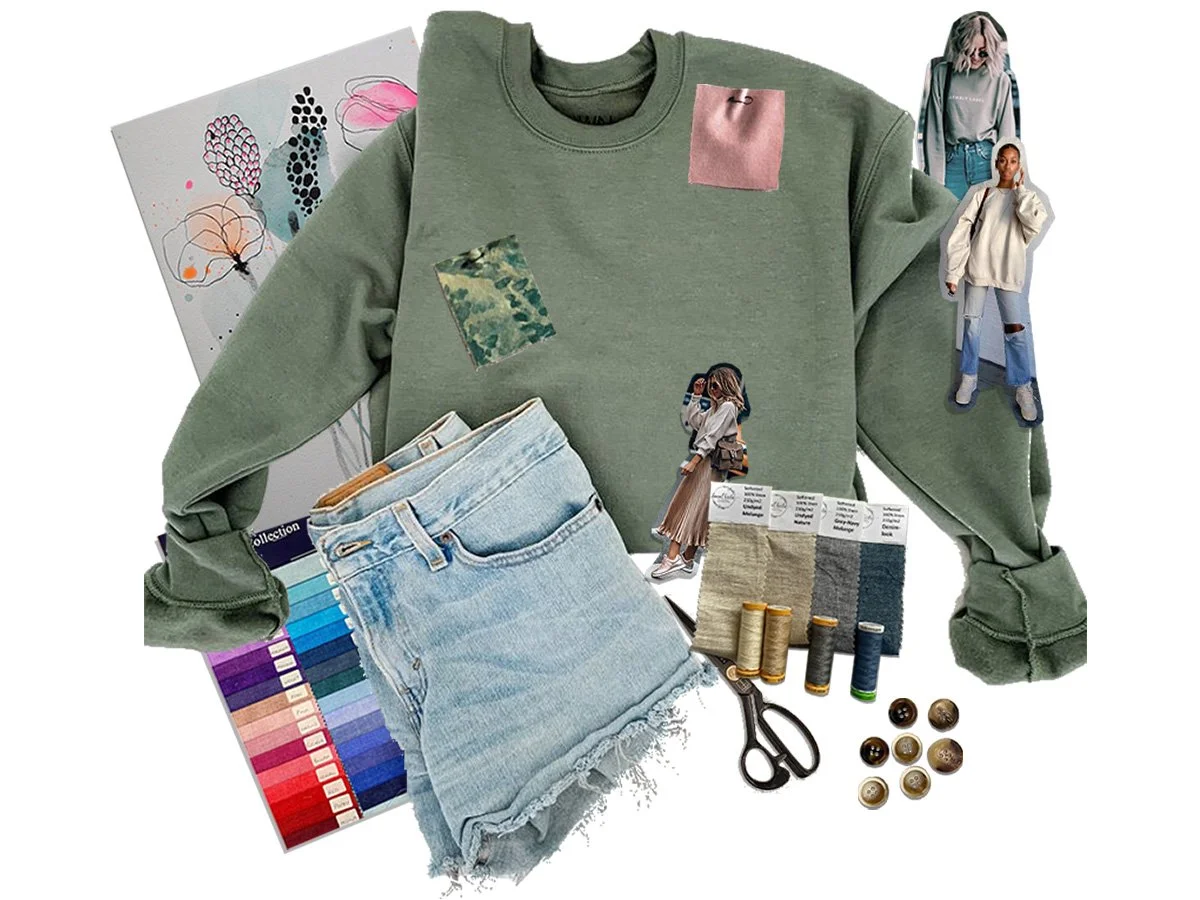 Flat lay of prototype apparel sampling, including a green sweatshirt, denim, color cards, and fabric swatches used for Moteks garment development in Turkey.
