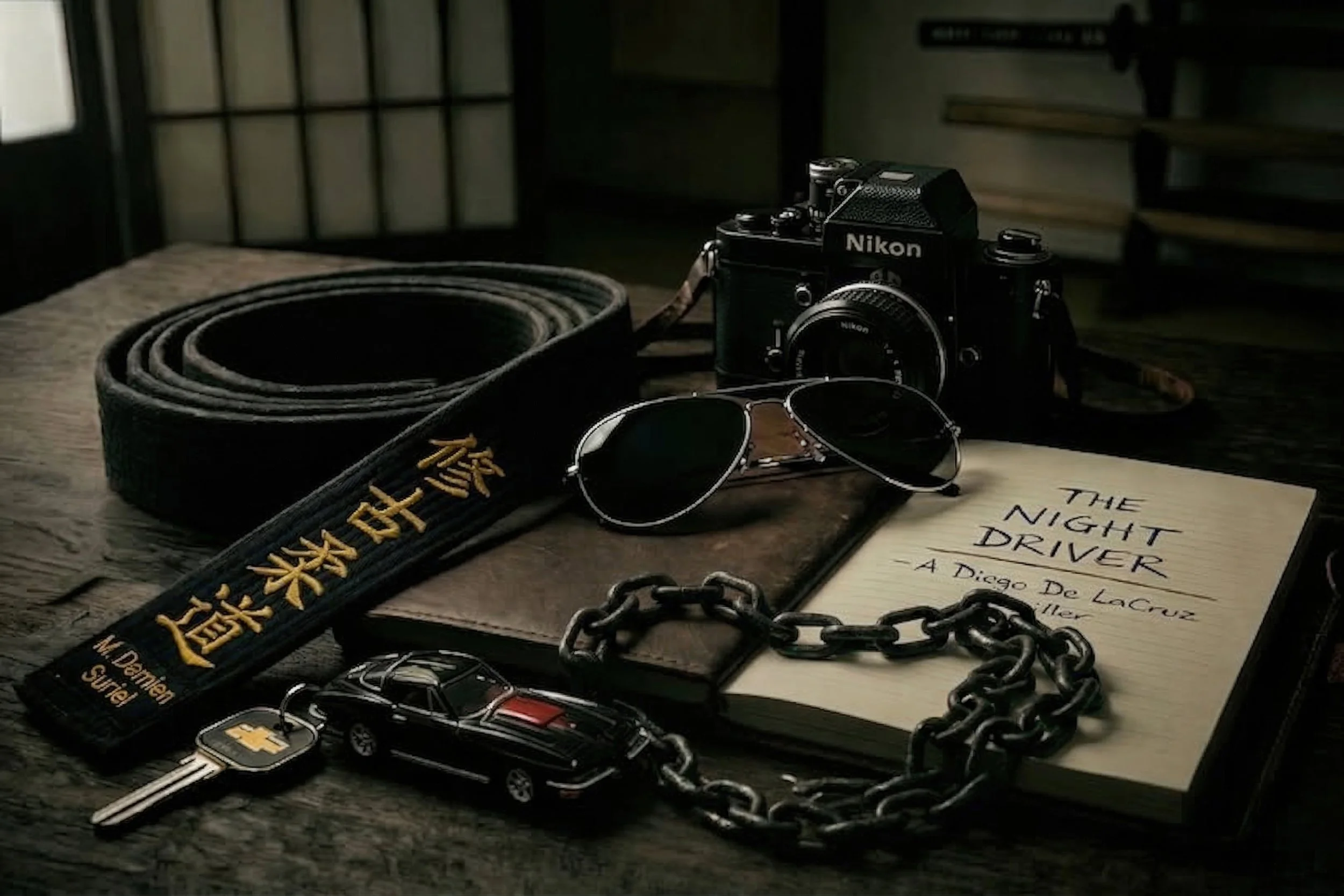 A cinematic flat lay of the essentials that define Diego De LaCruz. The weathered Okinawan Goju-ryu black belt, embroidered with the name M. Damien Suriel, anchors the frame, representing the discipline that keeps Diego alive. Beside it sits a vintag