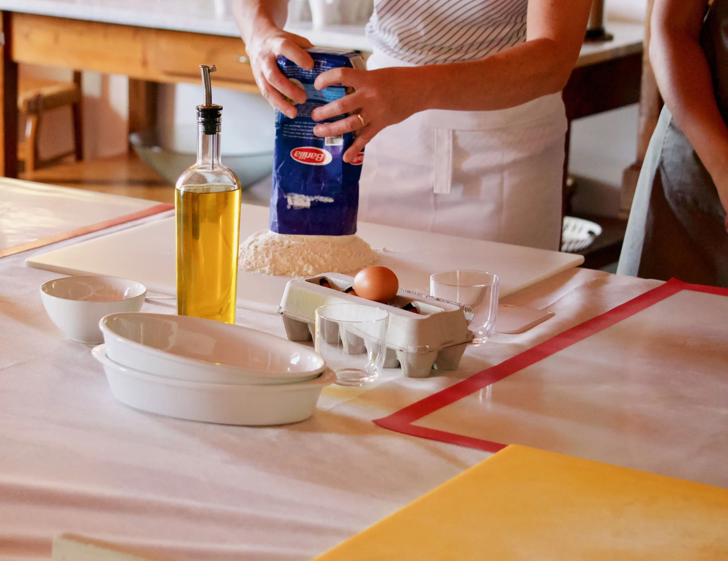For today's lesson we are making ravioli. The first thing we learned is that the flour is very important. Keep it handy and use it often.