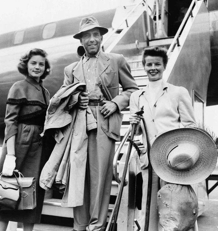 Gorgeous travel style of Lauren Bacall, Humphrey Bogart, and Katherine Hepburn. Totally love Lauren Bacall's leather handbag and briefcase!! Does anyone else create fashion goals from the old school glam squad?