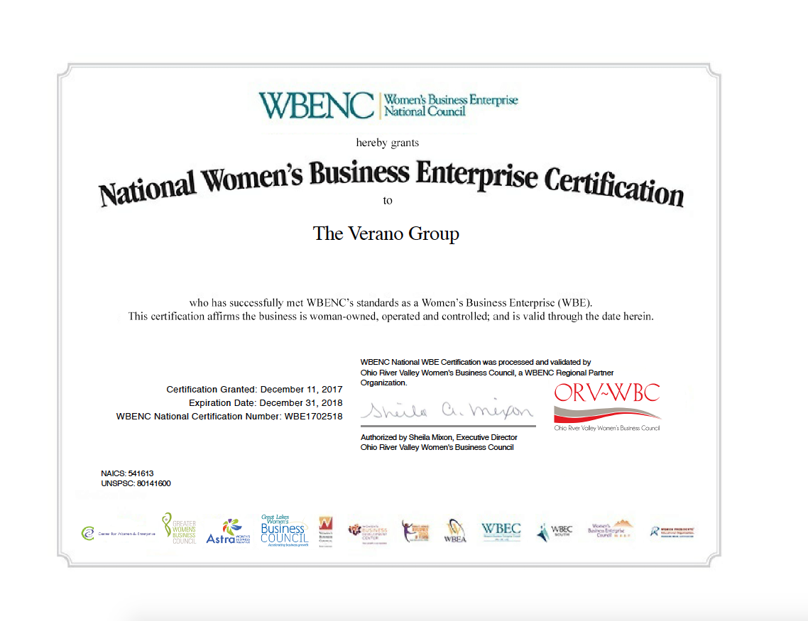 Just look at it. It's so official! Verano is now recognized as an official Women's Business Enterprise.