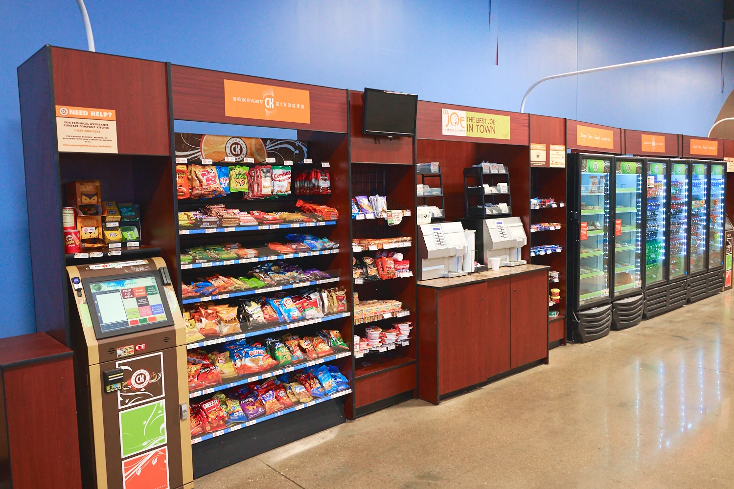 A wide variety of food and drinks are available for purchase in our Company Kitchen