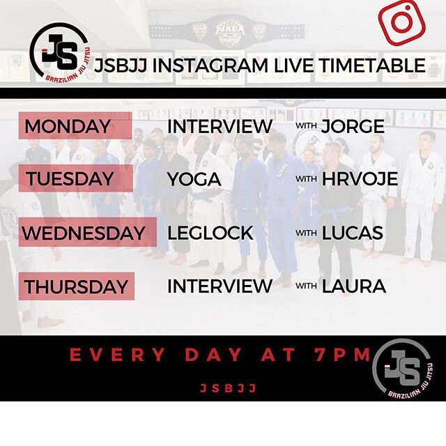 Some alternative timetable here! Take note guys, here what will be happening next week! 
Monday interview with @jorgesantosbjj 
Tuesday yoga with @hrvojesekulic 
Wednesday some leg lock with @lucasgaribaldi 
Thursday interview with @laura_bjj 
OSS #J