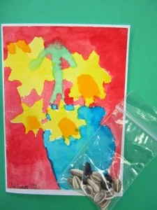 Above: Student-painted notecards and sunflower seeds to benefit Sega