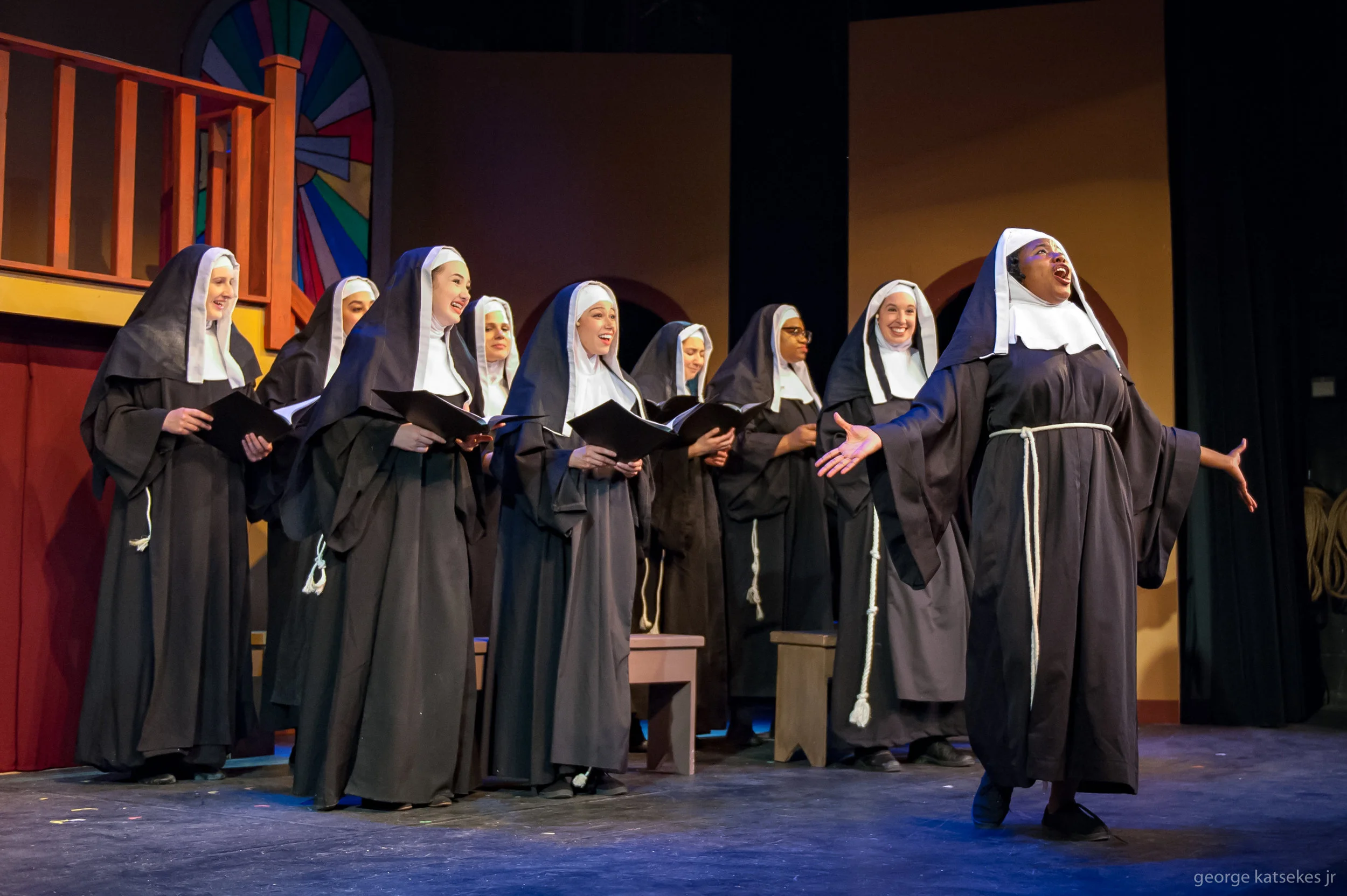 Deloris (Ashley Levells), whom the nuns know as Sister Mary Clarence, leads the nun choir in song in a scene from Sunset Playhouse's "Sister Act."