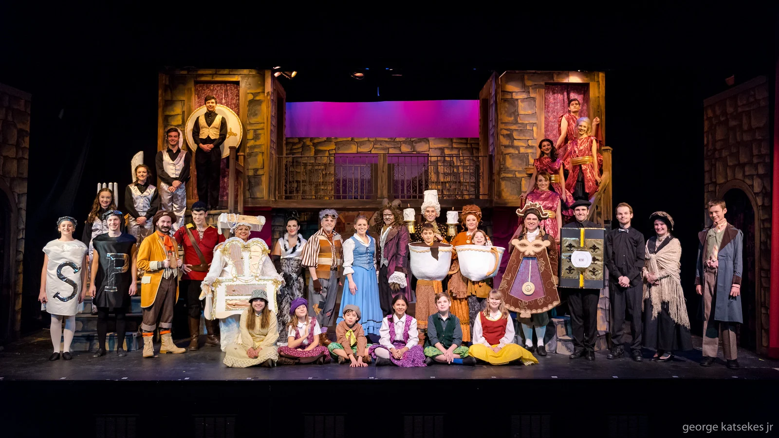 Stephanie Staszak as Belle, center, is flanked by Tom Marks, left, who plays her father, and Keith R. Smith, right, who plays the Beast/Prince as well as the entire cast of Sunset Playhouse's "Disney's Beauty and the Beast."