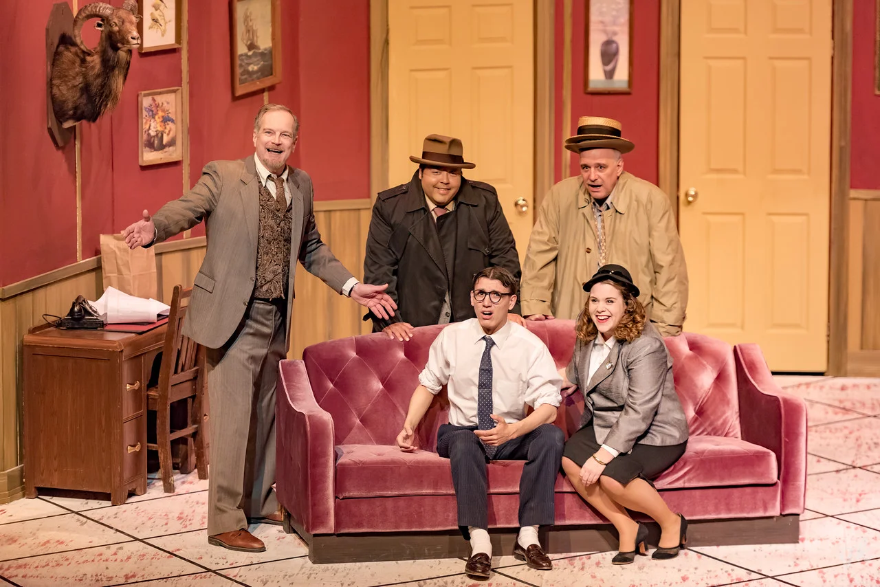 Glenn Villa, Manny Lupian, Raffaello Frattura (standing, from left), Lee Johnston II and Stephanie Pluta (seated) star in Sunset Playhouse's "Room Service."