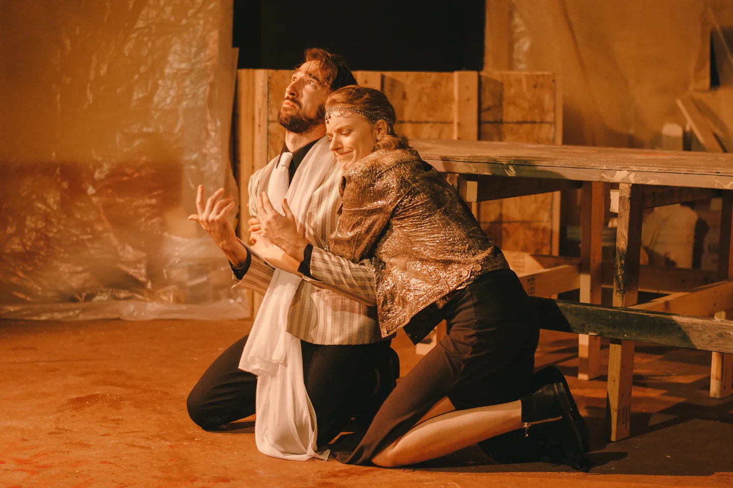 Tamora (Robin Lewis) holds on to Saturninus (Kyle Conner) in a scene from Voice Found Repertory’s “Titus Andronicus.”