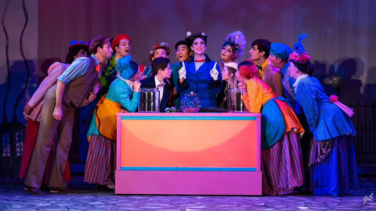 Mary Poppins (Briana Rose Lipor) makes a point during the “Supercalifragilisticexpialidocious” scene in Sunset Playhouse’s “Mary Poppins.”