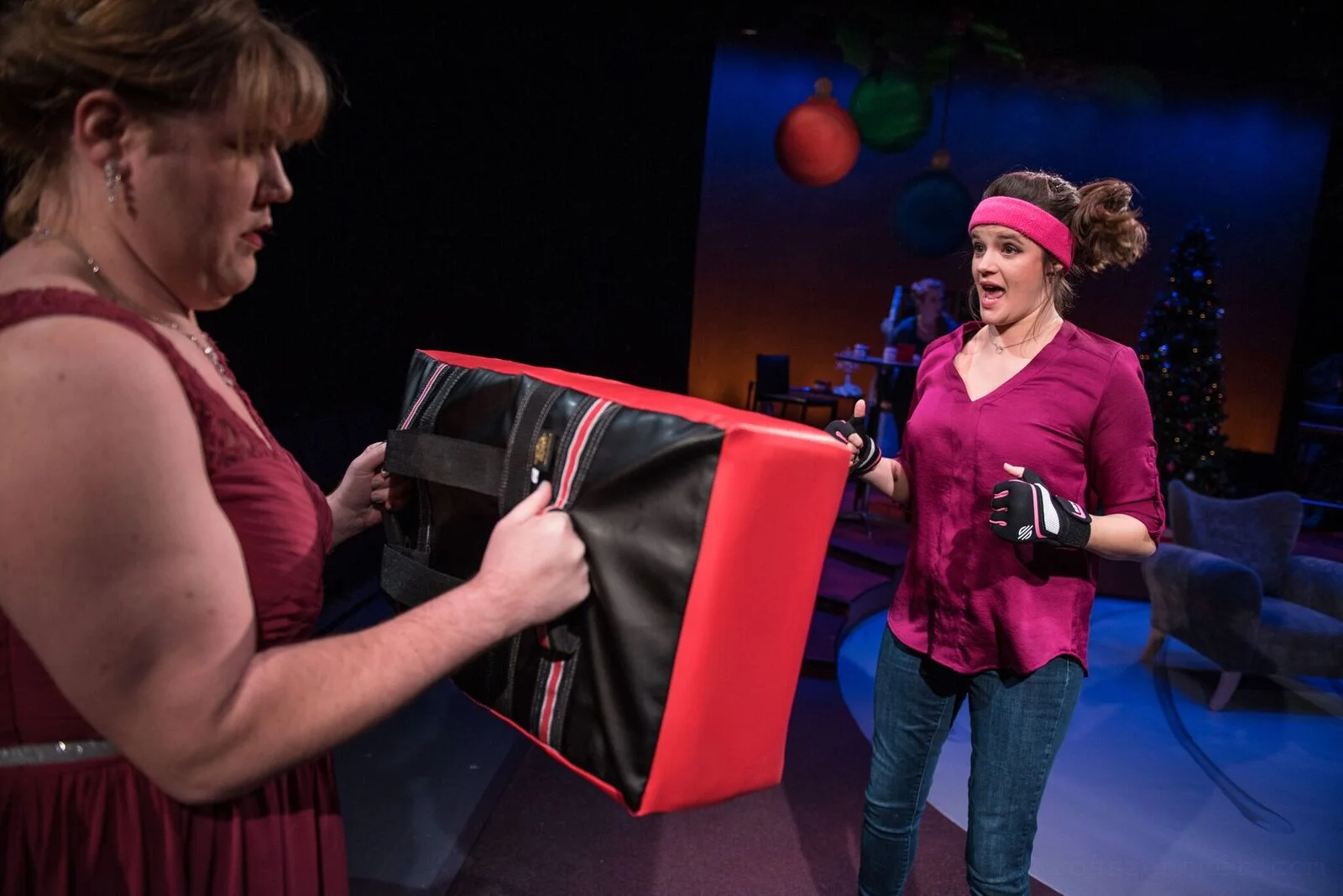 Mary (Susie Duecker) lets out her anger with some kick boxing.