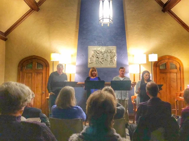 Boulevard Theatre presents David Ferrie, Sandra Hollander, Matt Specht and Ericka Wade, from left, in a concert reading of Will Eno’s “The Realistic Joneses” at Plymouth Church. Photos by Jason Krukowski.