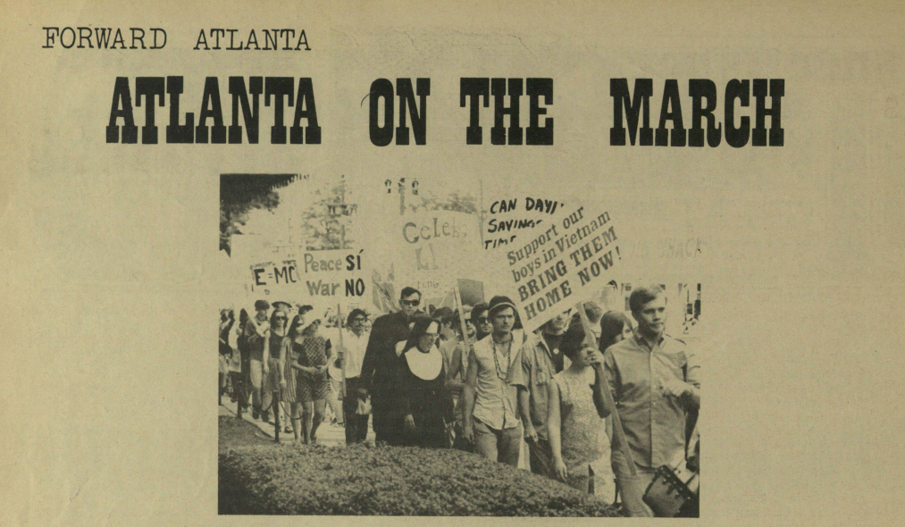 From the alternative Atlanta newspaper The Great Speckled Bird , Vol. 1 No. 5 (May 10-23, 1968) about an April 27 anti-Vietnam “Peace Parade.”