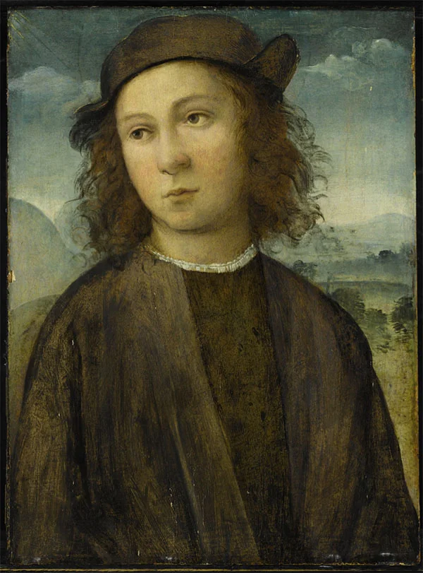 Agnolo di Domenico del Mazziere, formerly known as the Master of Santo Spirito Portrait of a boy, half length, in a landscape, dressed in black robes and cap oil on panel .jpg