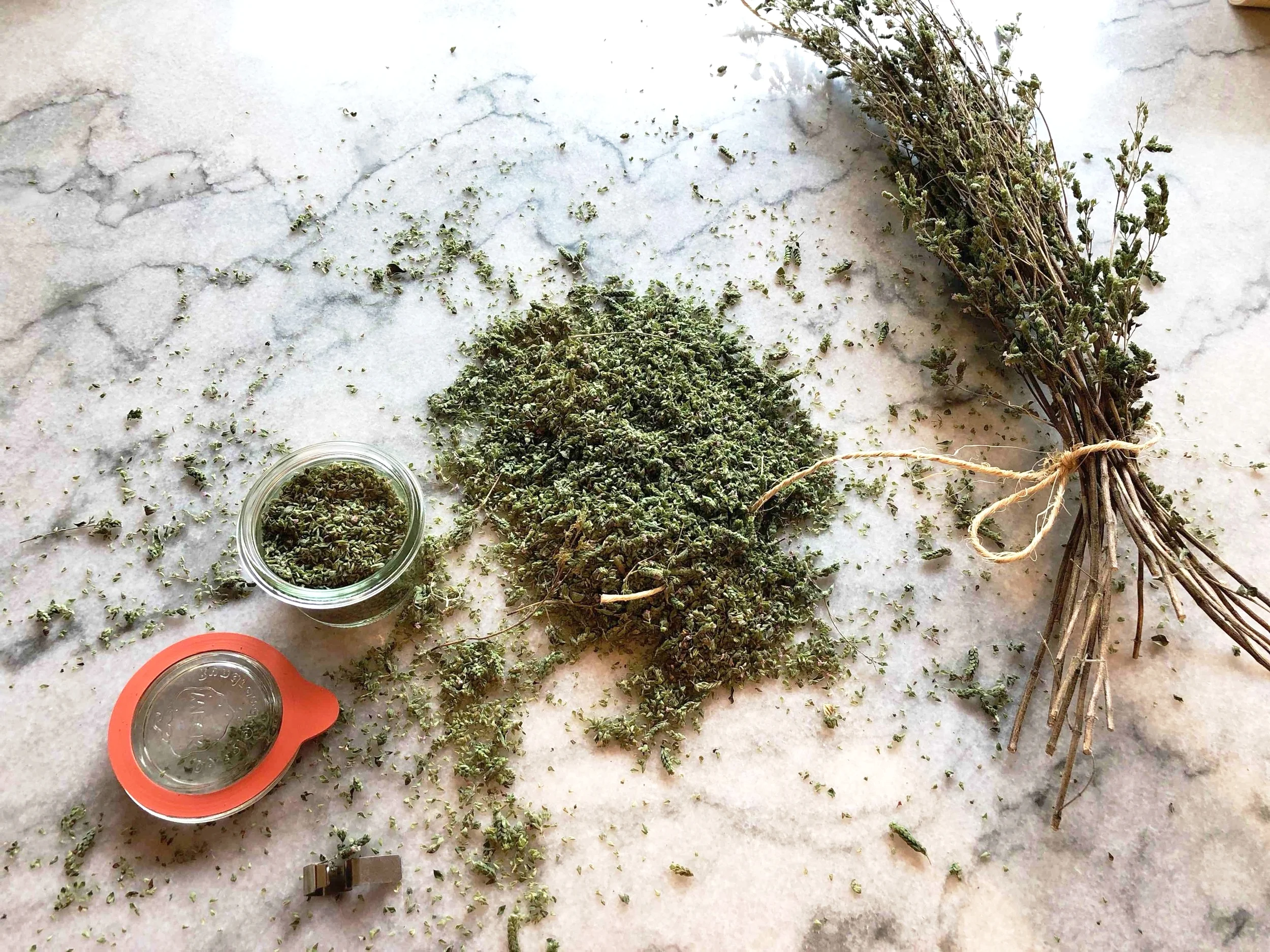 Rub the bundles and shake off the flakes. Remove any twigs and package in air tight containers.