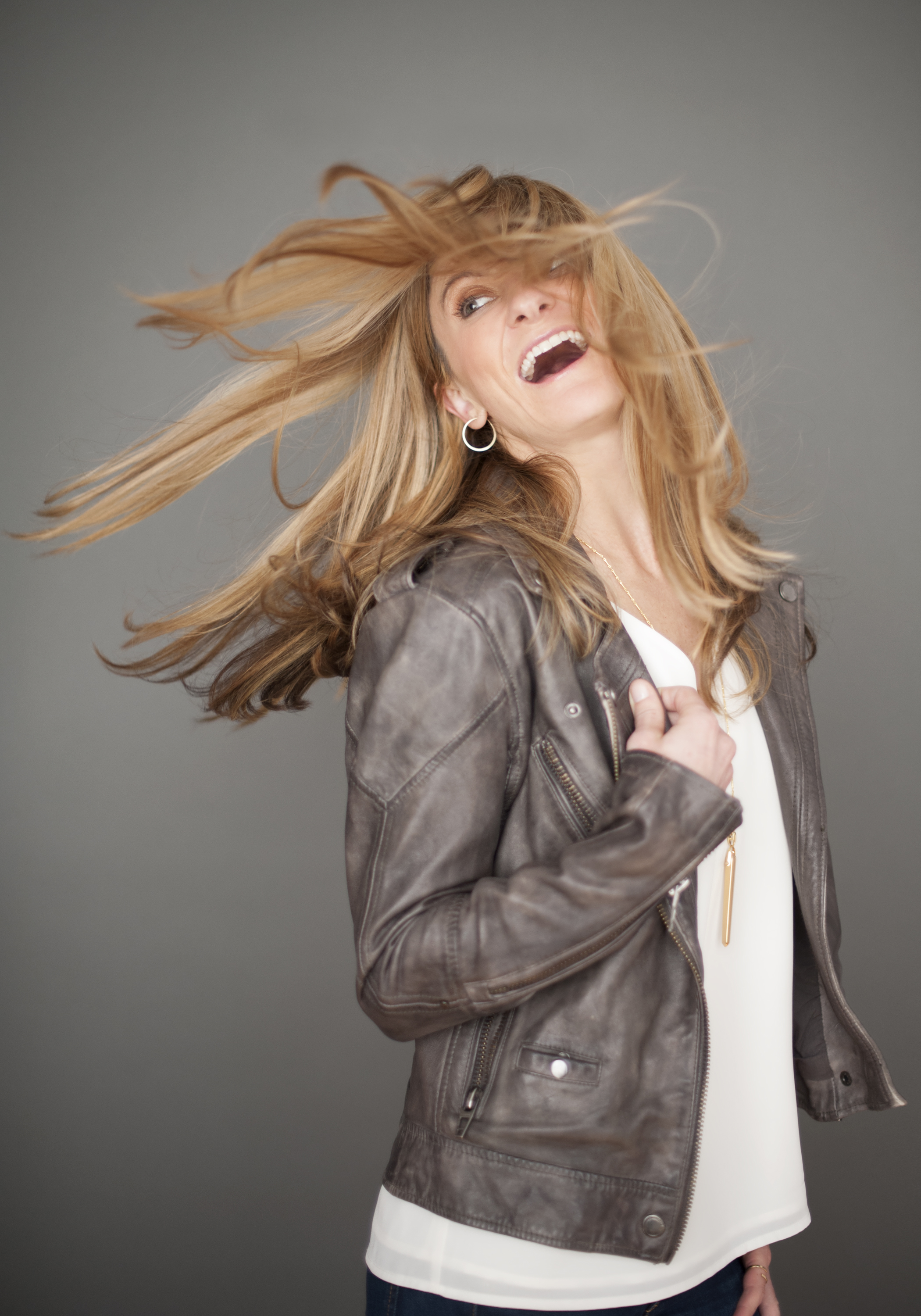 San Diego County Full Service Portrait Studio | Hair Flip Gray Leather Jacket