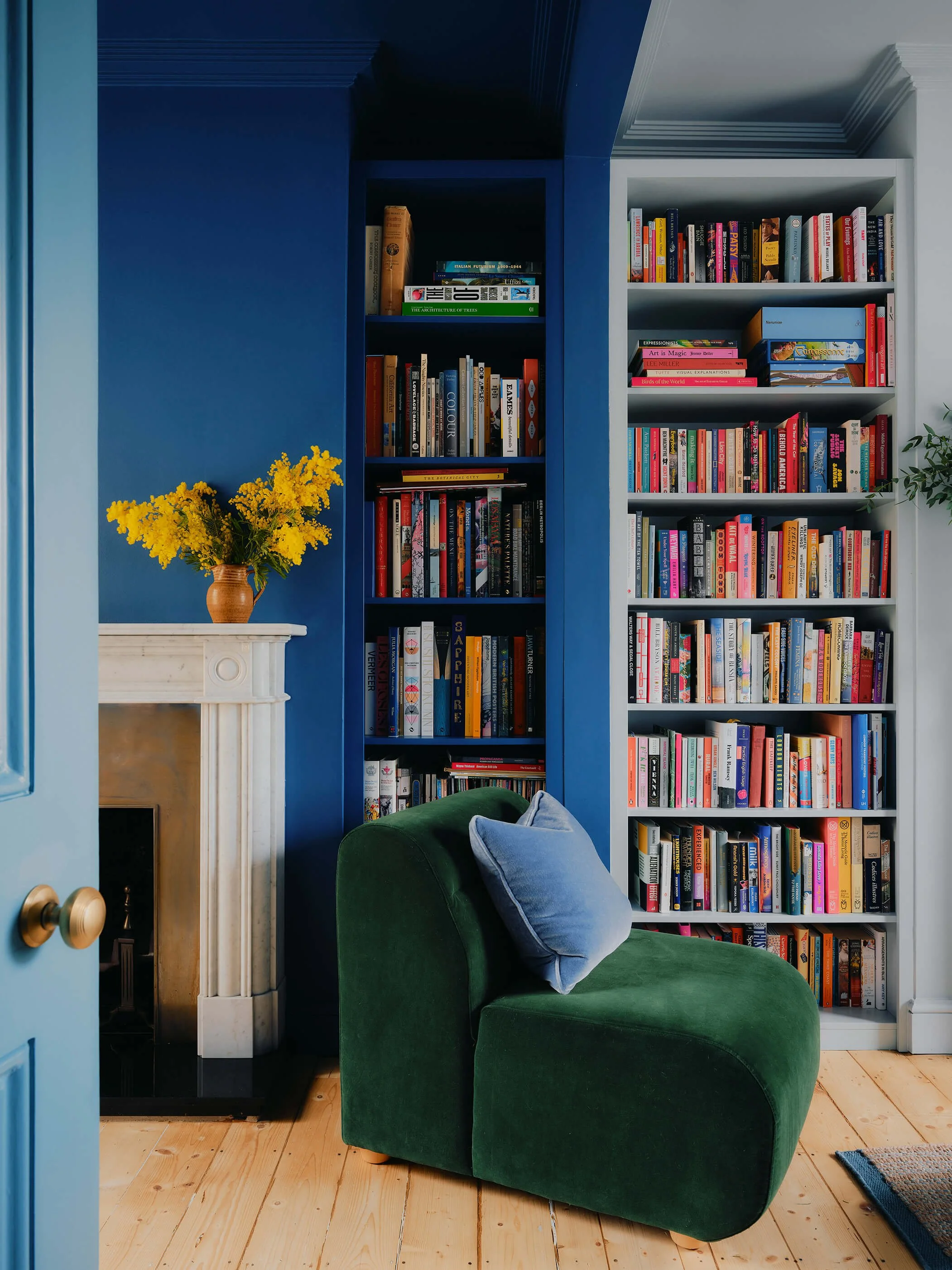 Royal blue painted living room with bookcase and fireplace