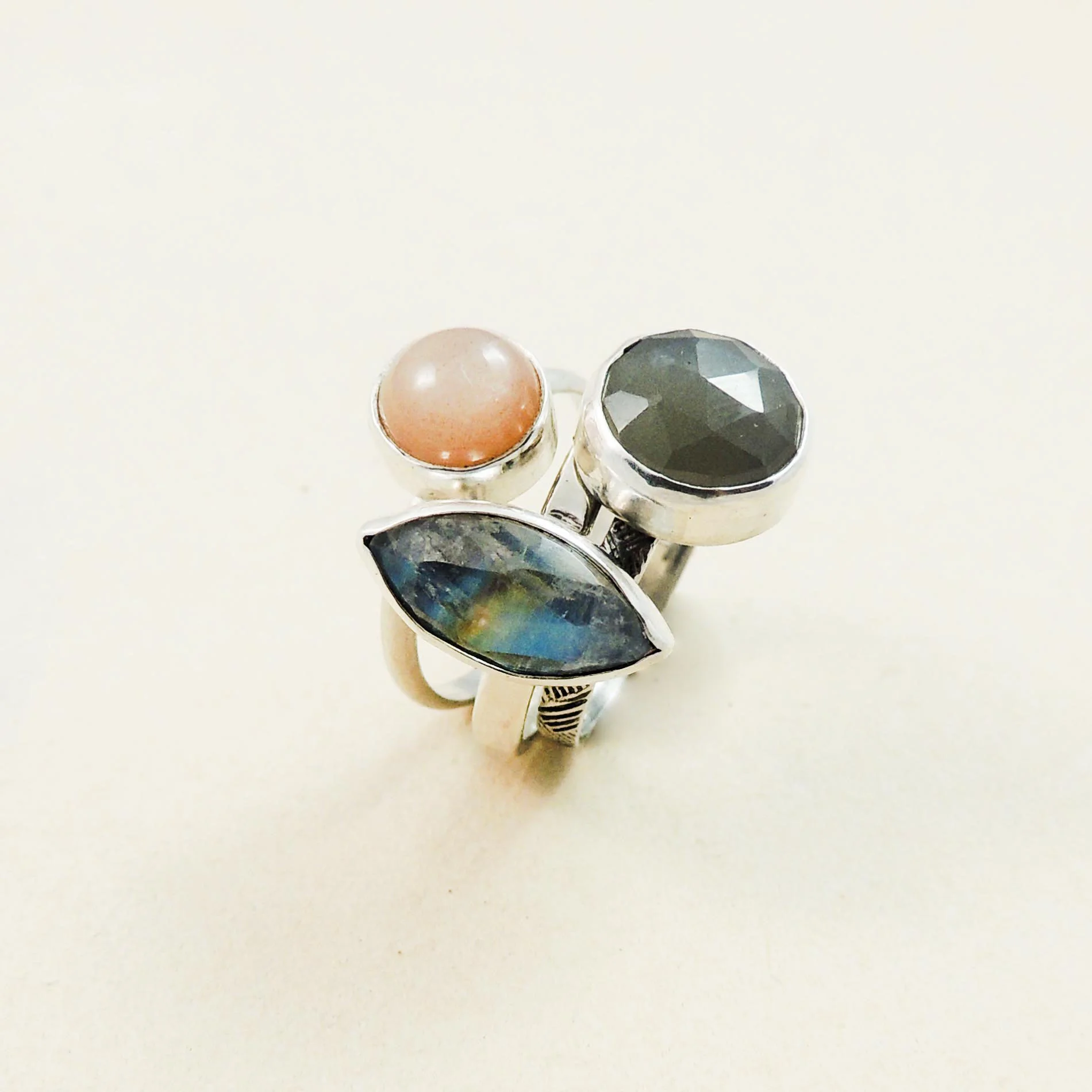 Peach, gray and rainbow moonstone, sterling silver- stacking rings.