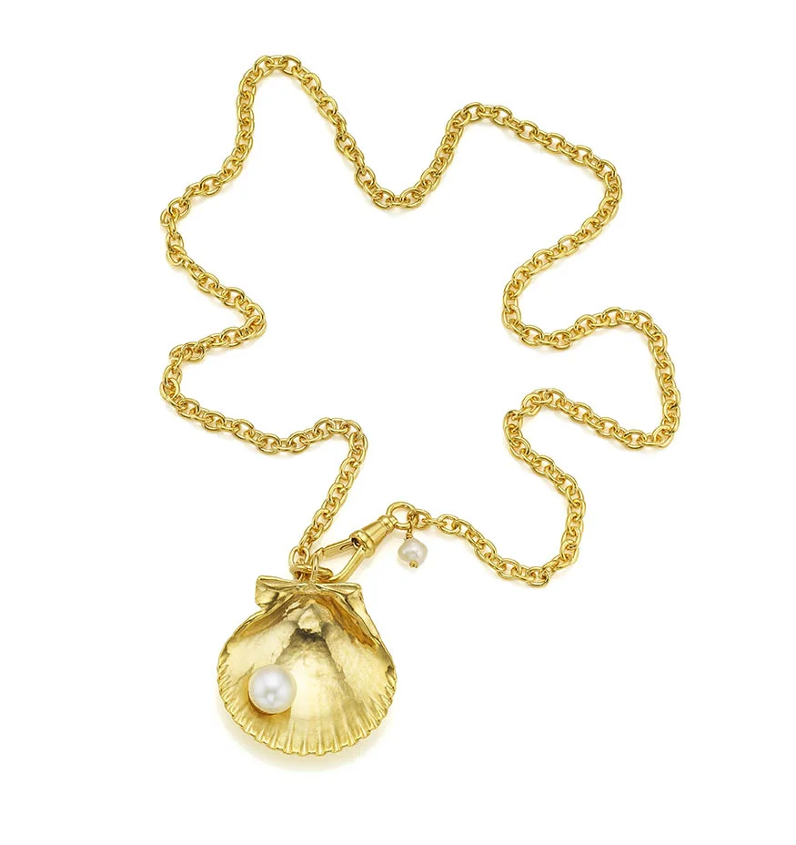 Gold Plated Scallop Shell with Pearl Necklace