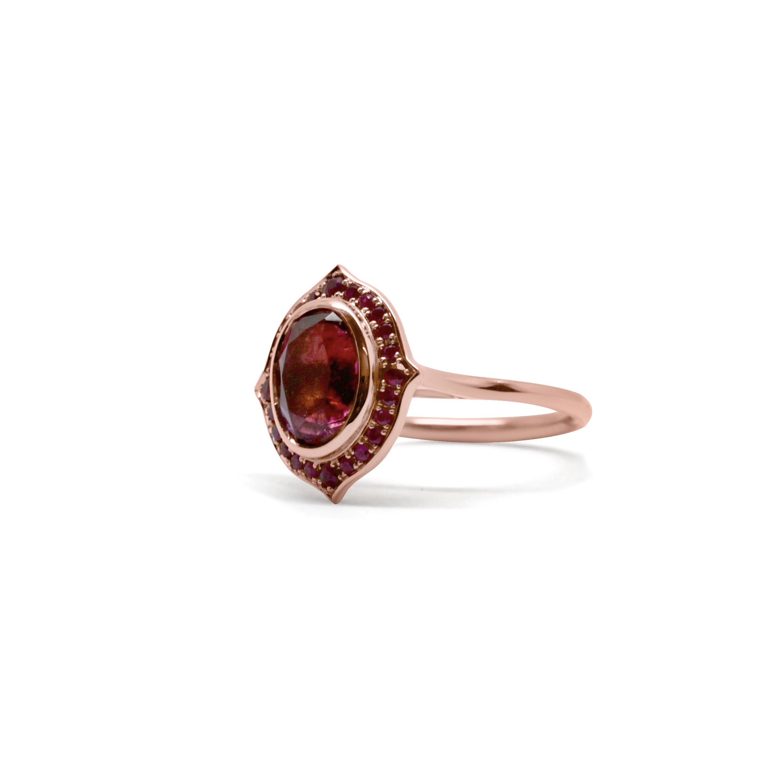 Pink Tourmaline and ruby rose gold ring 